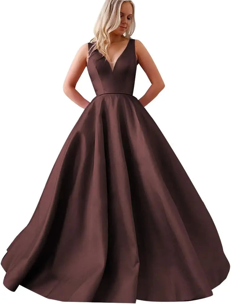 Satin A Line Wedding Dresses for Bride V Neck Prom Dresses with Pockets Simple Long Ball Gowns