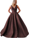 Satin A Line Wedding Dresses for Bride V Neck Prom Dresses with Pockets Simple Long Ball Gowns