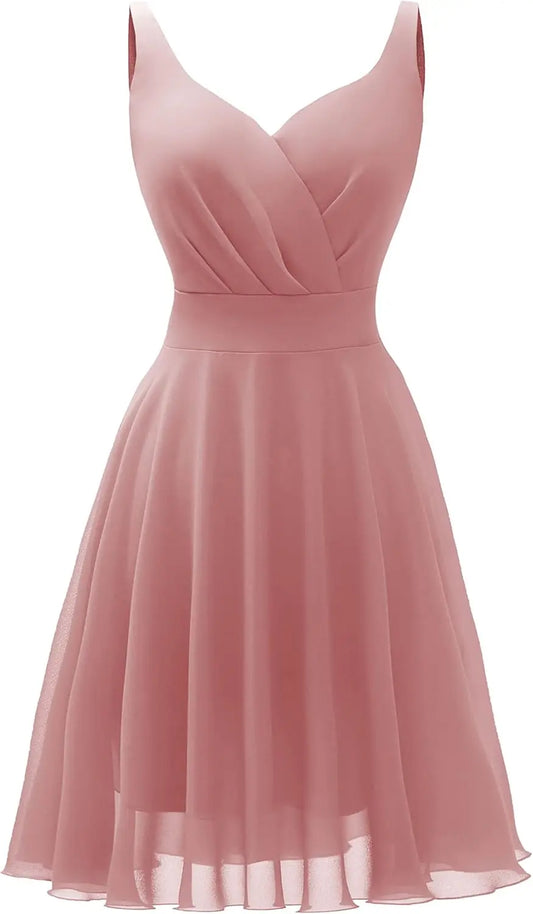 Dressever Sommer-Cocktailkleid mit V-Ausschnitt, verstellbaren Spaghettiträgern, Chiffon, Sommerkleid, Partykleider, kurzes Ballkleid 