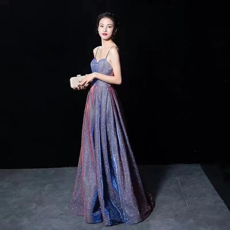 Elegant Glitter Banquet Dresses Women Fashion Spaghetti Straps Slimming Starry Sky Evening Party Dress Sexy Gown Prom Dress