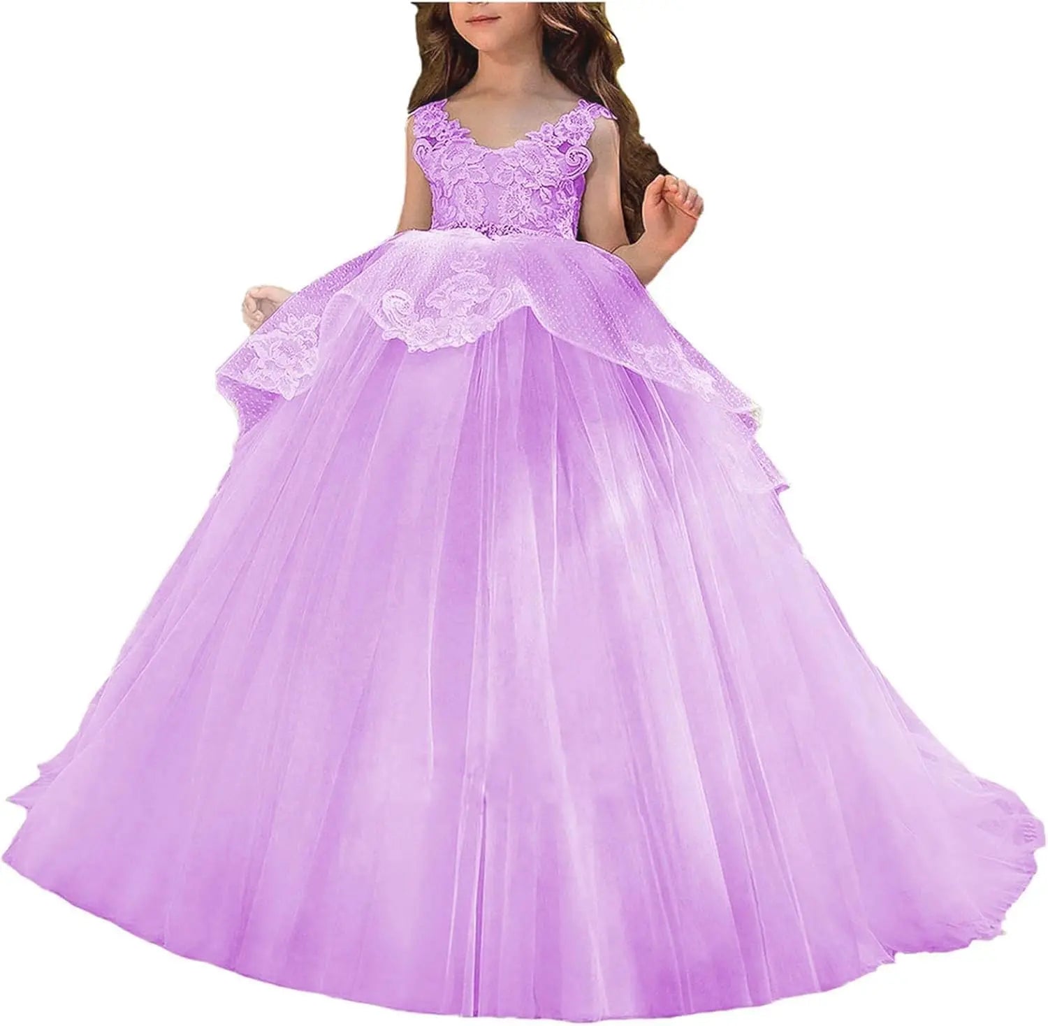 Vestido de niña de flores de tul con apliques de princesa, falda de tul abullonada, vestidos sin mangas para desfiles infantiles, vestidos de baile 