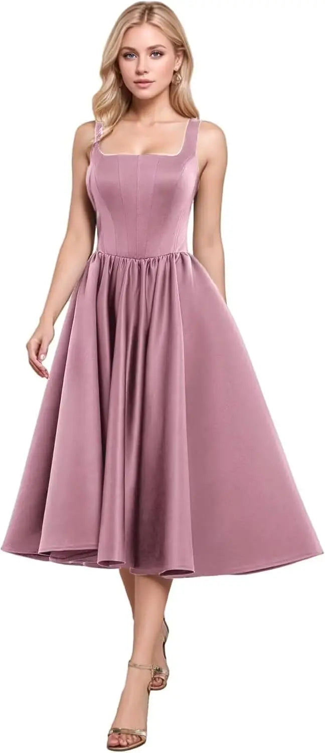 A-Line Pleated Tea-Length Satin Homecoming Dress,Spaghetti Straps Ruffled Formal Prom Dress Party Gown for Women