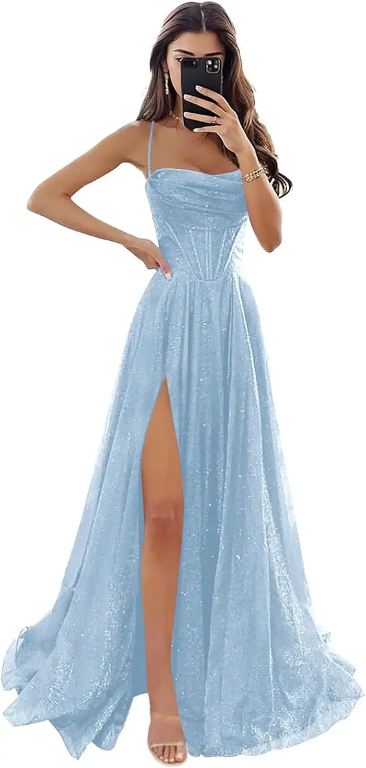 Vestido de fiesta de tul con purpurina y tirantes finos para mujer, largo, formal, con abertura y cuello vuelto 