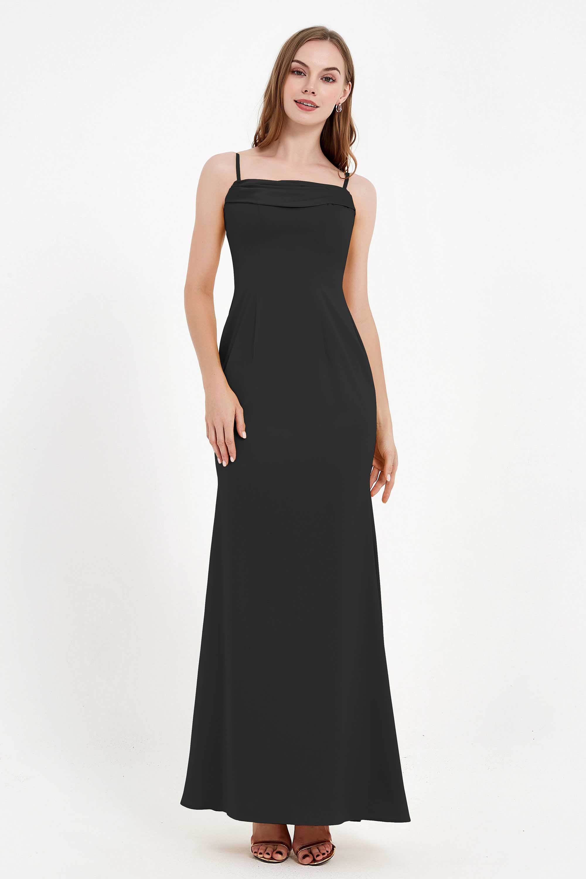 Spaghetti Straps Crepe Sheath Formal Evening Dresses Long Prom Bridesmaid Dress Gowns