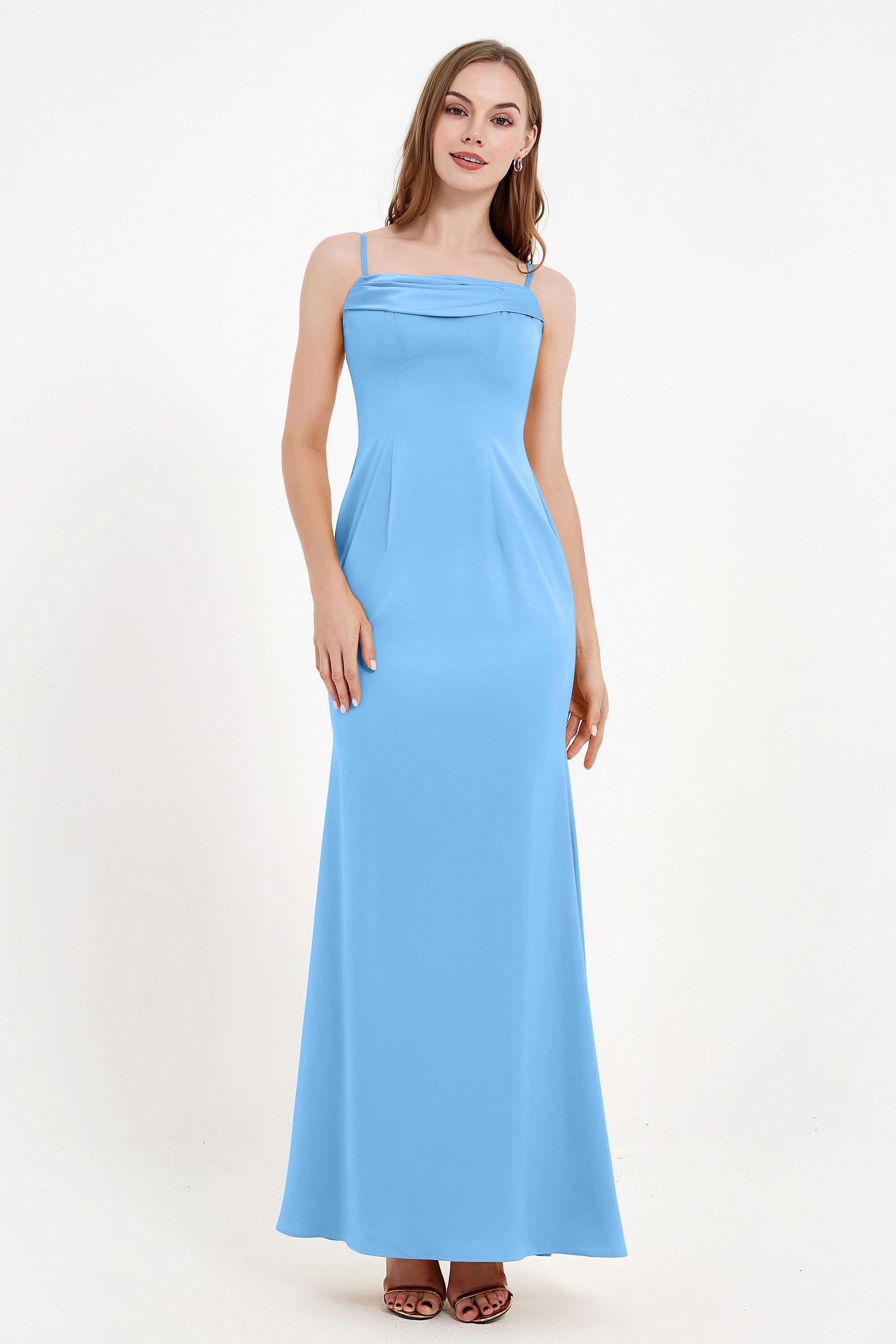 Spaghetti Straps Crepe Sheath Formal Evening Dresses Long Prom Bridesmaid Dress Gowns