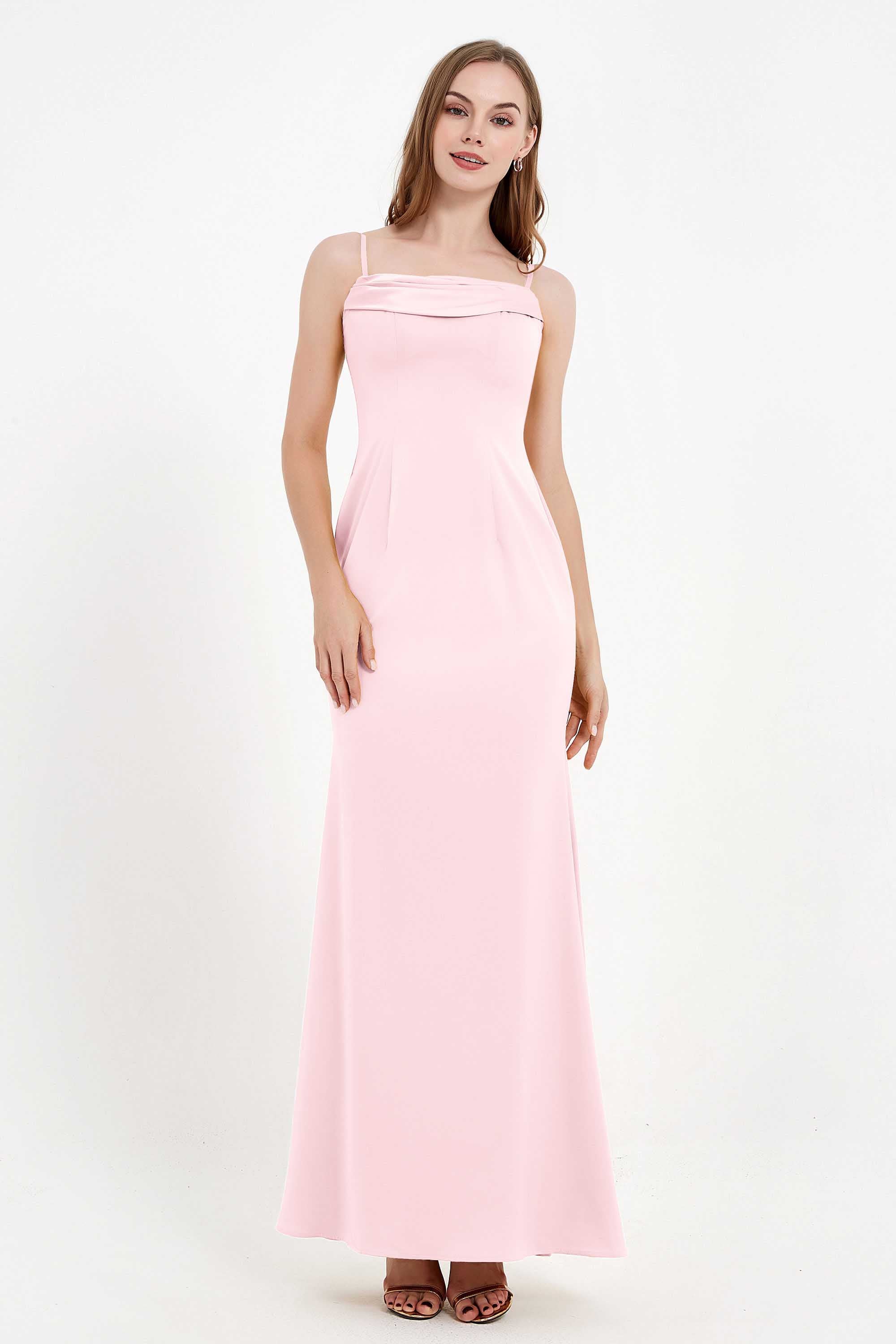 Spaghetti Straps Crepe Sheath Formal Evening Dresses Long Prom Bridesmaid Dress Gowns