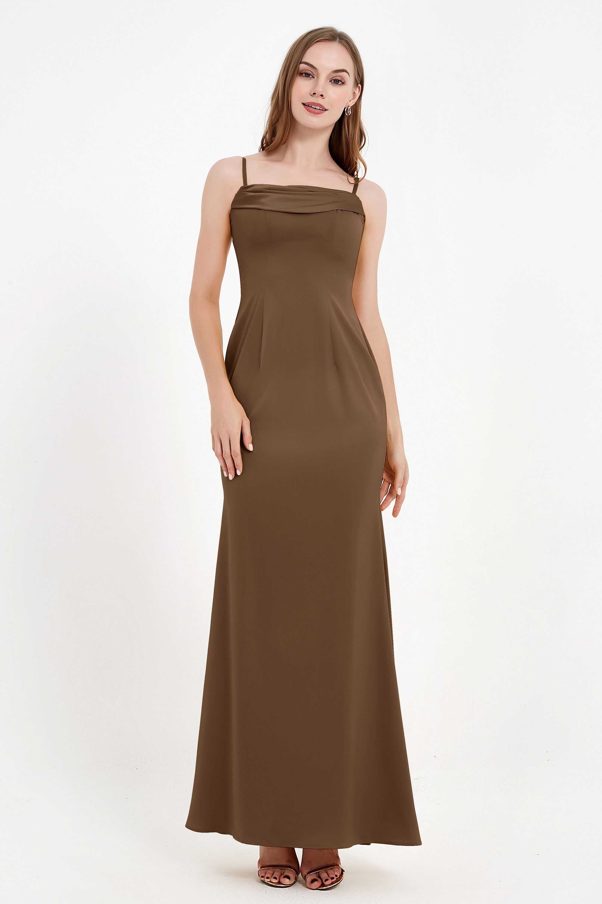 Spaghetti Straps Crepe Sheath Formal Evening Dresses Long Prom Bridesmaid Dress Gowns