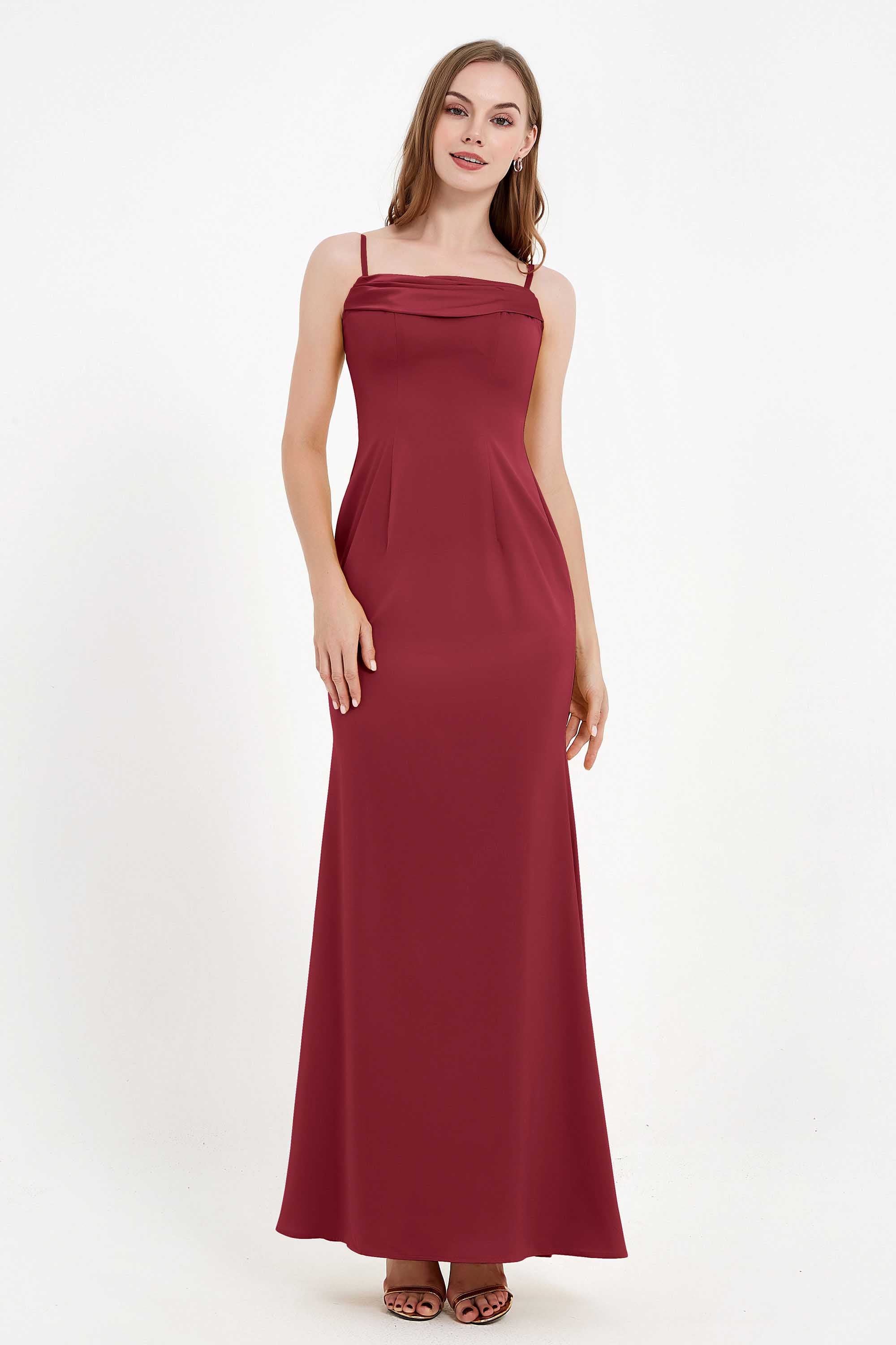 Spaghetti Straps Crepe Sheath Formal Evening Dresses Long Prom Bridesmaid Dress Gowns