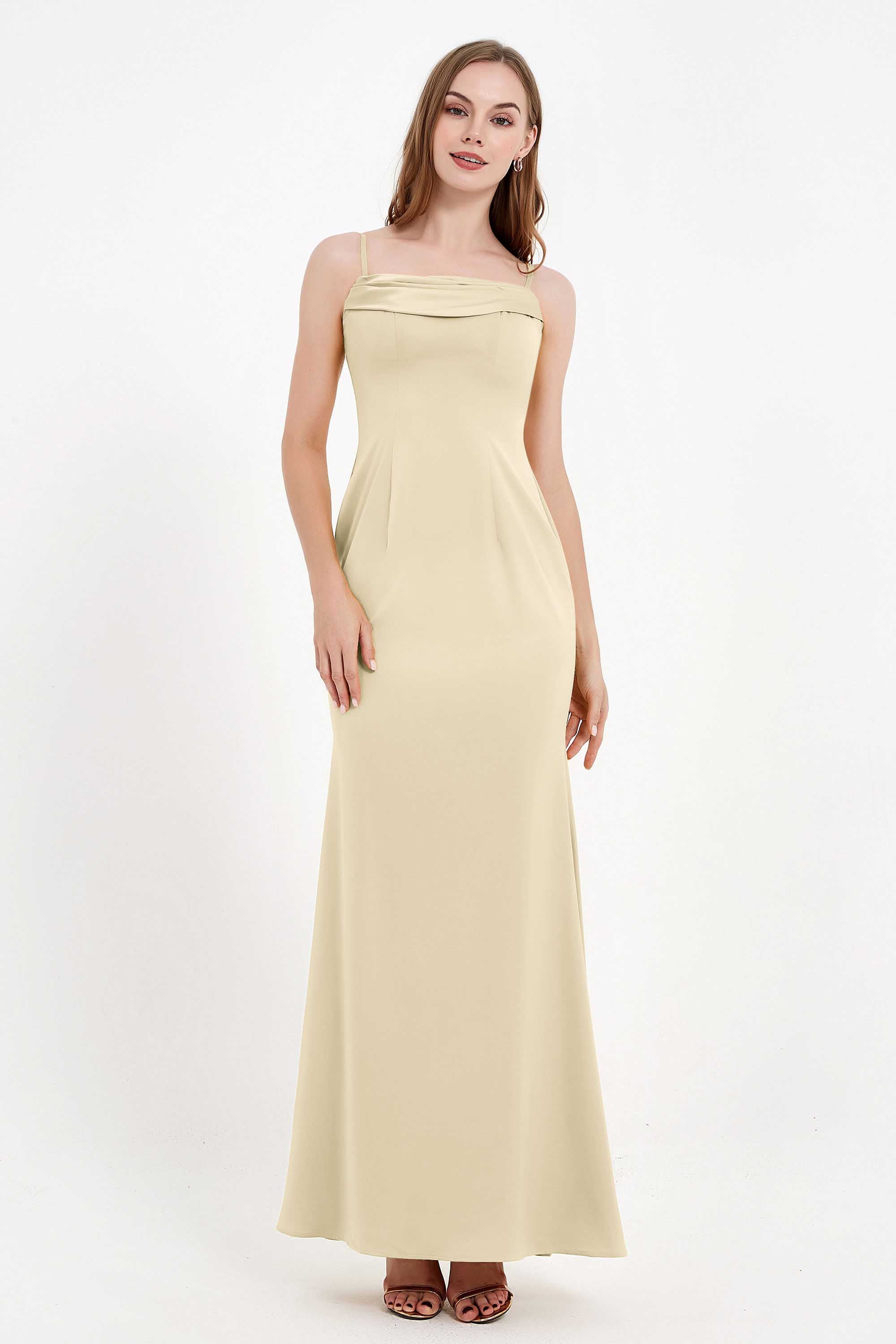 Spaghetti Straps Crepe Sheath Formal Evening Dresses Long Prom Bridesmaid Dress Gowns
