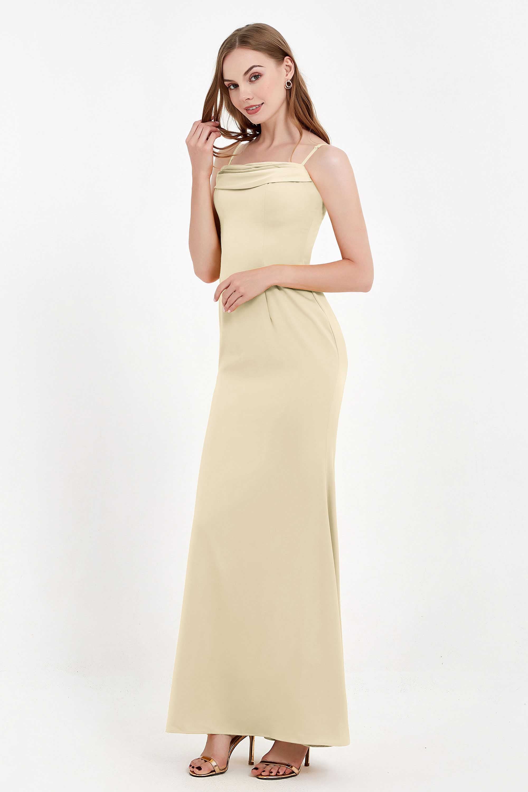 Spaghetti Straps Crepe Sheath Formal Evening Dresses Long Prom Bridesmaid Dress Gowns