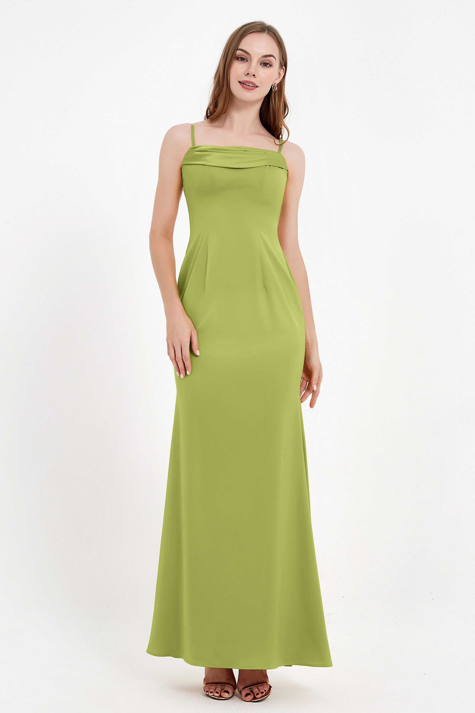 Spaghetti Straps Crepe Sheath Formal Evening Dresses Long Prom Bridesmaid Dress Gowns