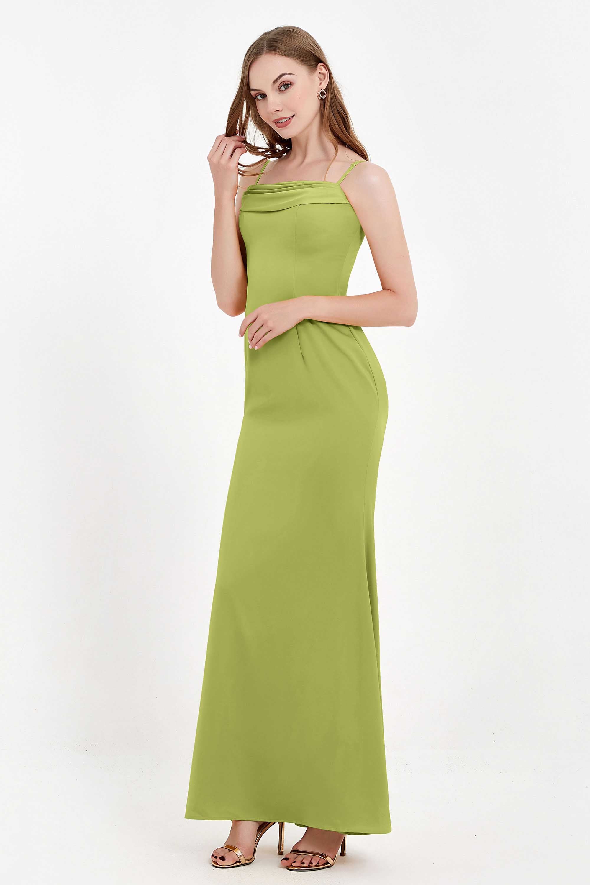 Spaghetti Straps Crepe Sheath Formal Evening Dresses Long Prom Bridesmaid Dress Gowns