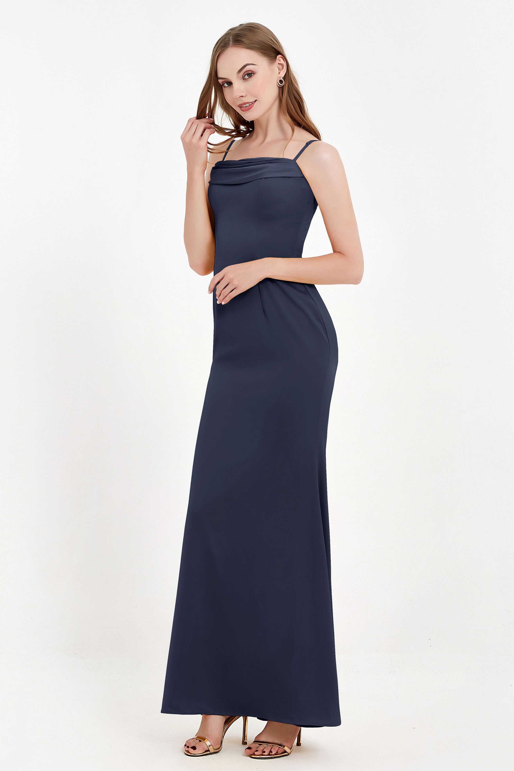 Spaghetti Straps Crepe Sheath Formal Evening Dresses Long Prom Bridesmaid Dress Gowns
