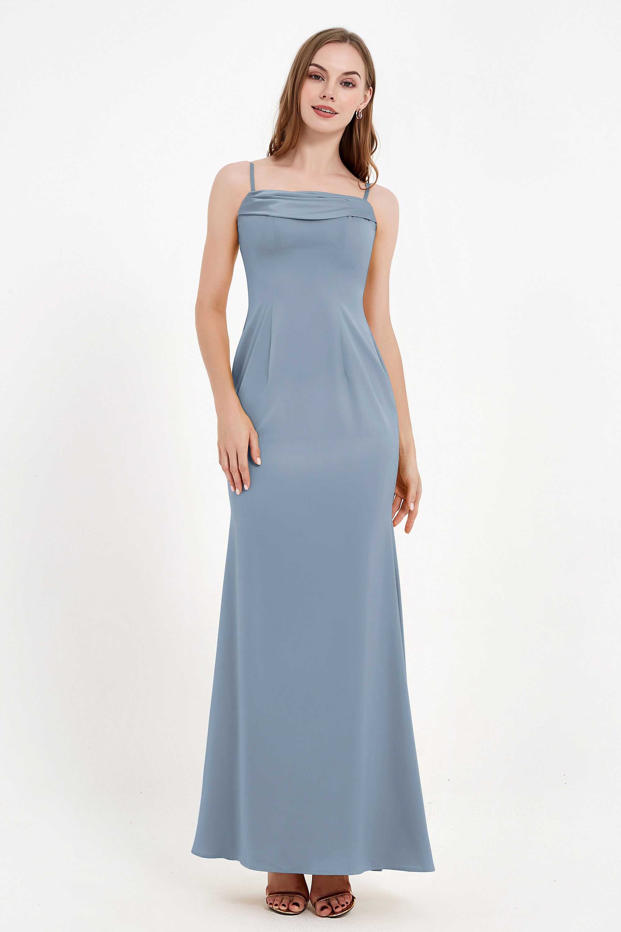Spaghetti Straps Crepe Sheath Formal Evening Dresses Long Prom Bridesmaid Dress Gowns