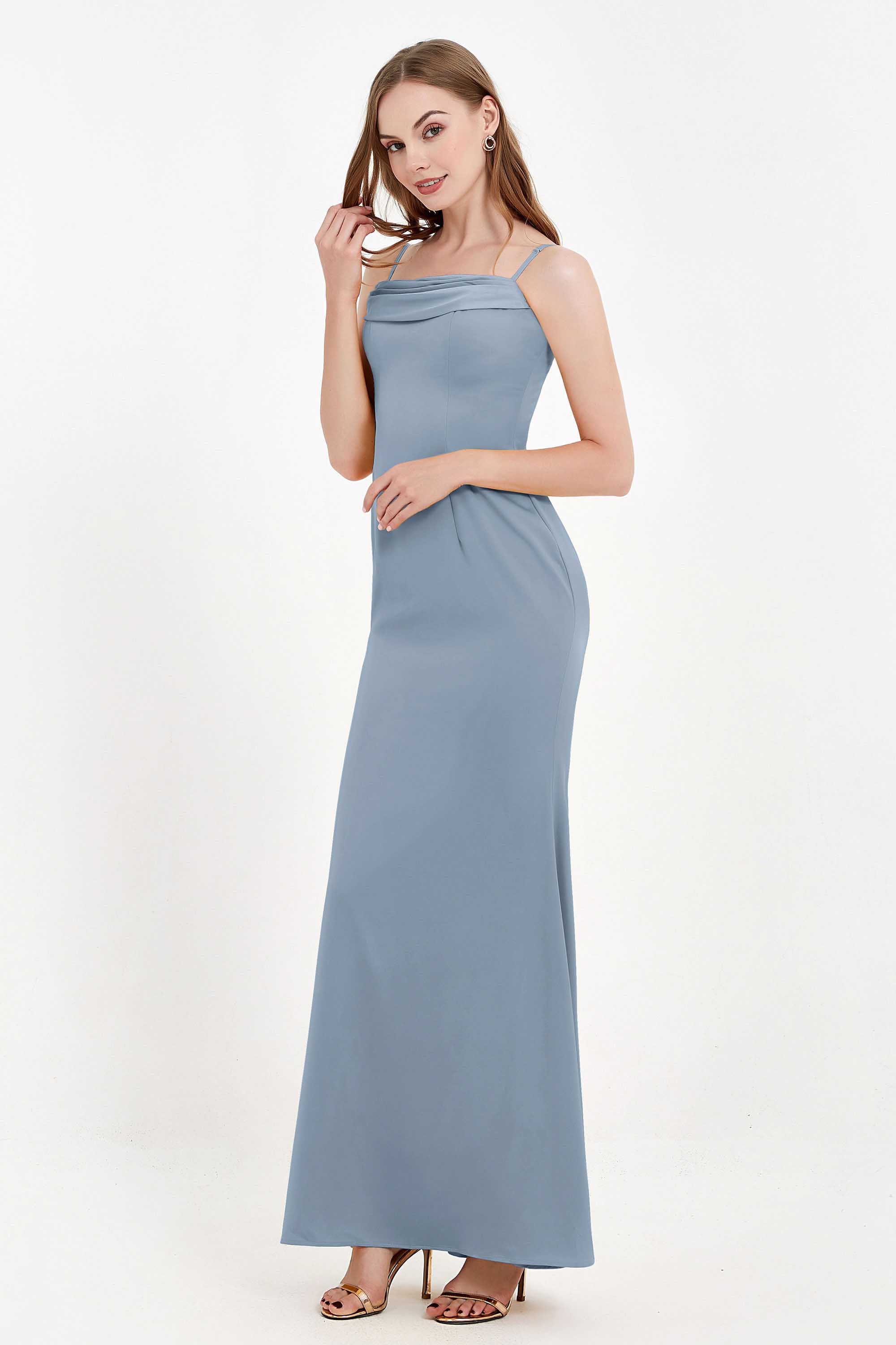 Spaghetti Straps Crepe Sheath Formal Evening Dresses Long Prom Bridesmaid Dress Gowns
