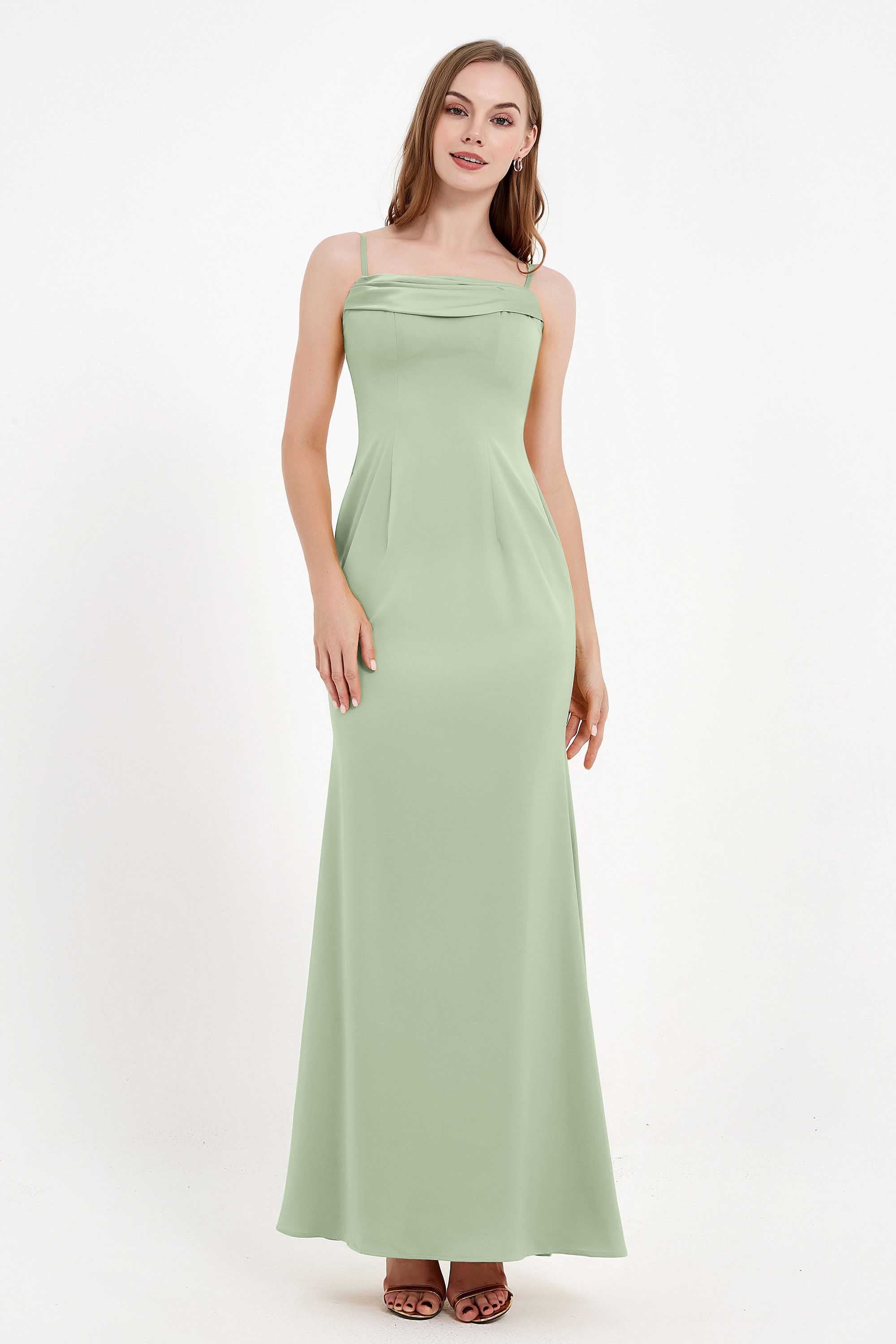 Spaghetti Straps Crepe Sheath Formal Evening Dresses Long Prom Bridesmaid Dress Gowns