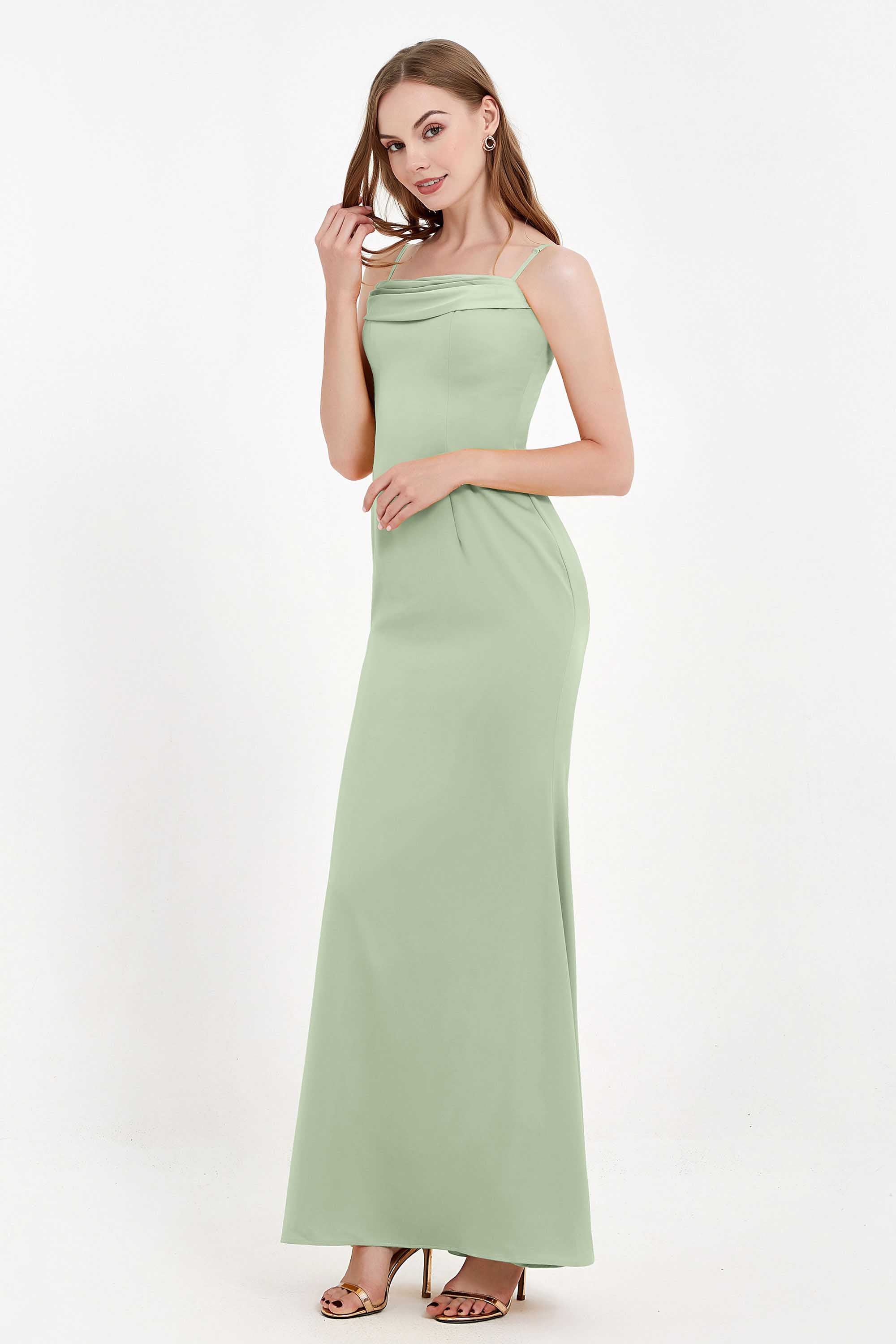Spaghetti Straps Crepe Sheath Formal Evening Dresses Long Prom Bridesmaid Dress Gowns