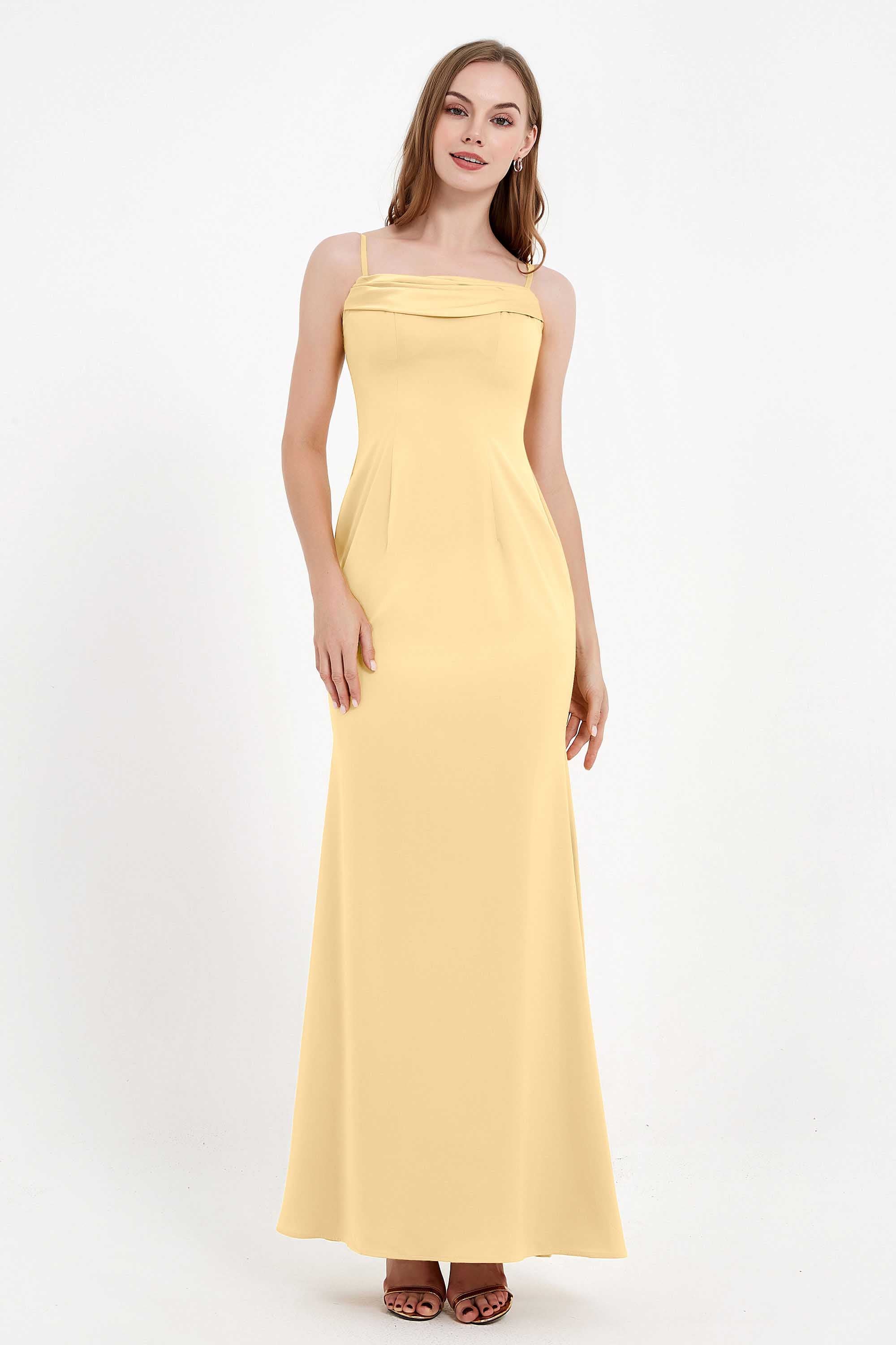 Spaghetti Straps Crepe Sheath Formal Evening Dresses Long Prom Bridesmaid Dress Gowns