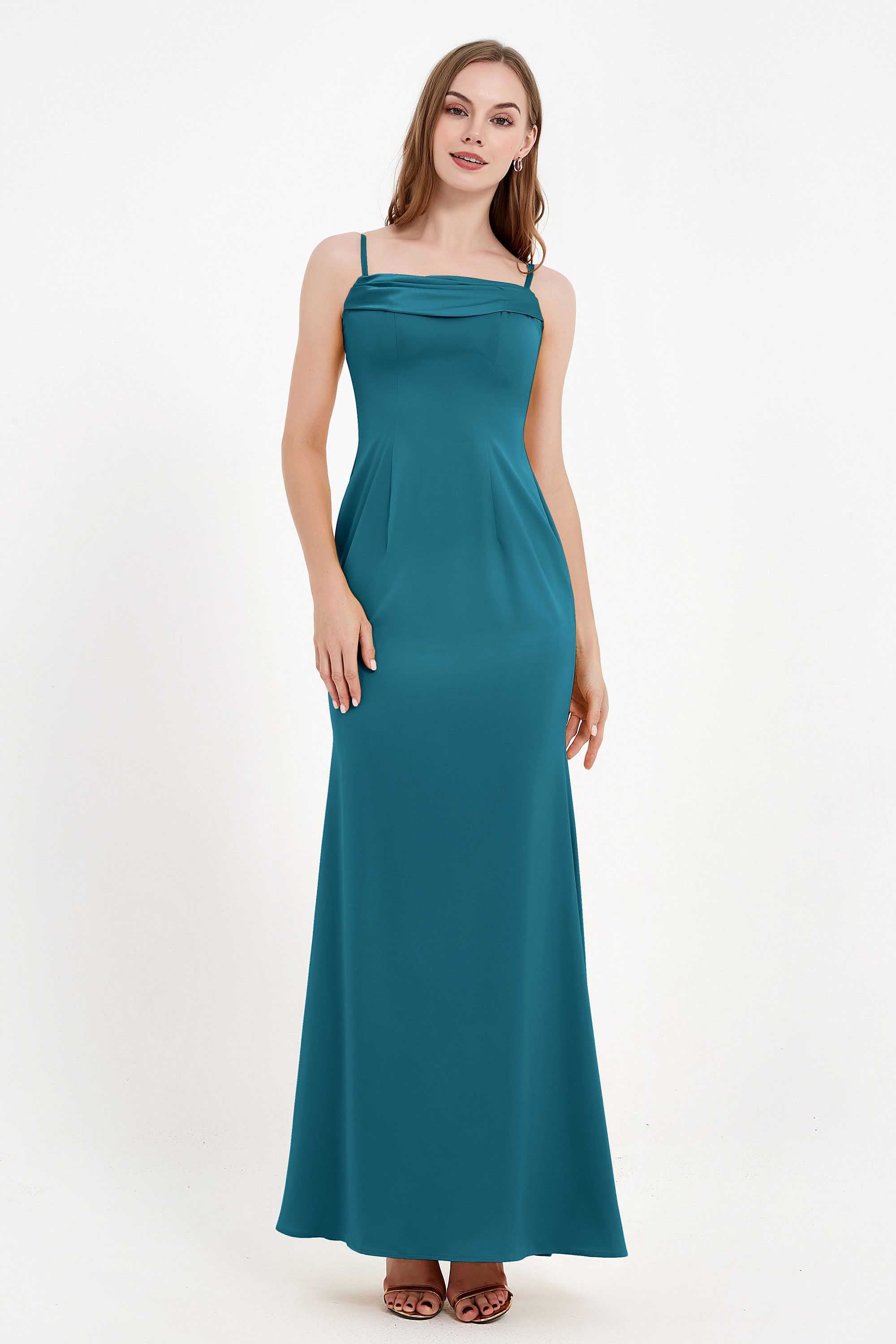 Spaghetti Straps Crepe Sheath Formal Evening Dresses Long Prom Bridesmaid Dress Gowns