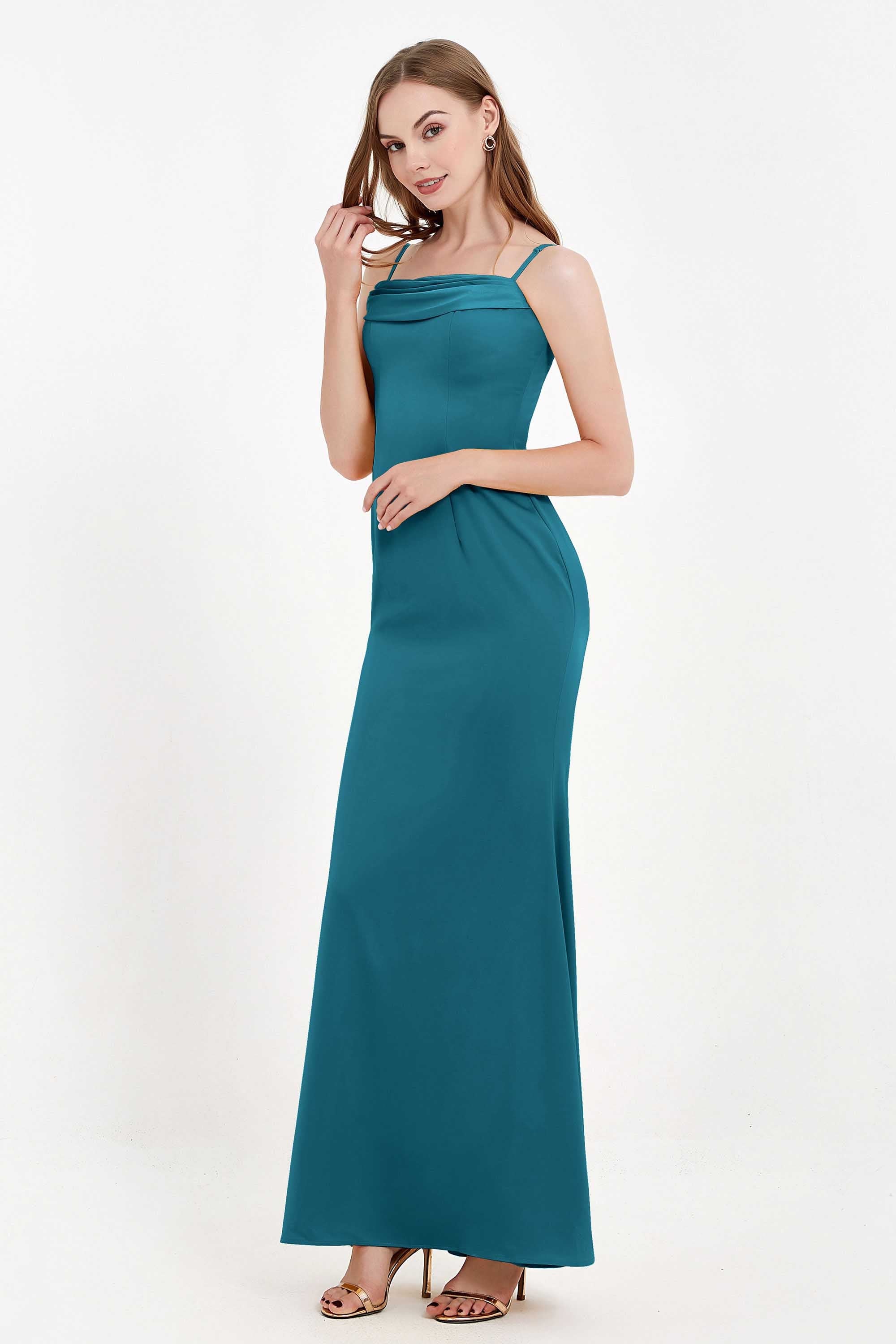 Spaghetti Straps Crepe Sheath Formal Evening Dresses Long Prom Bridesmaid Dress Gowns