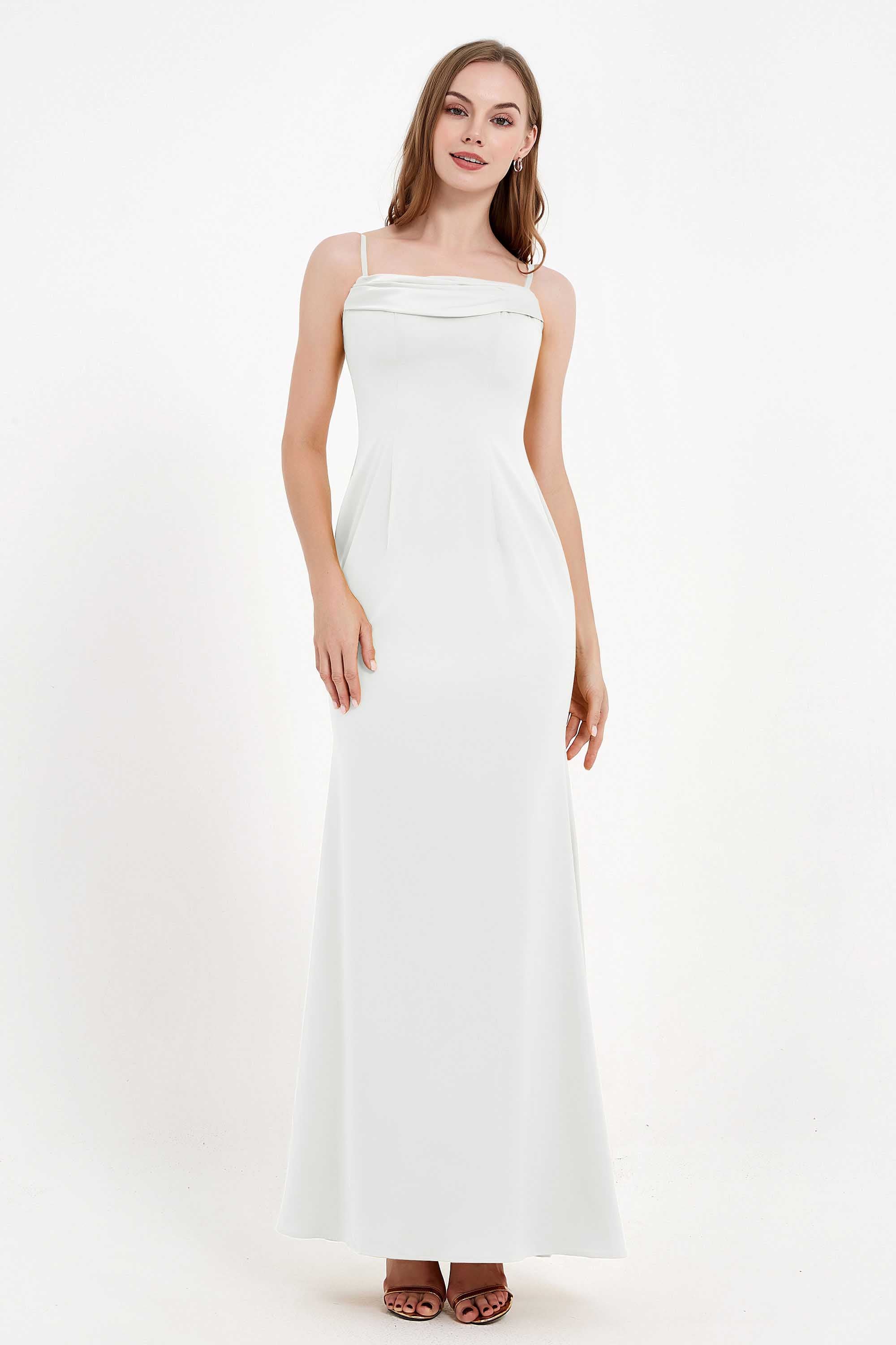 Spaghetti Straps Crepe Sheath Formal Evening Dresses Long Prom Bridesmaid Dress Gowns
