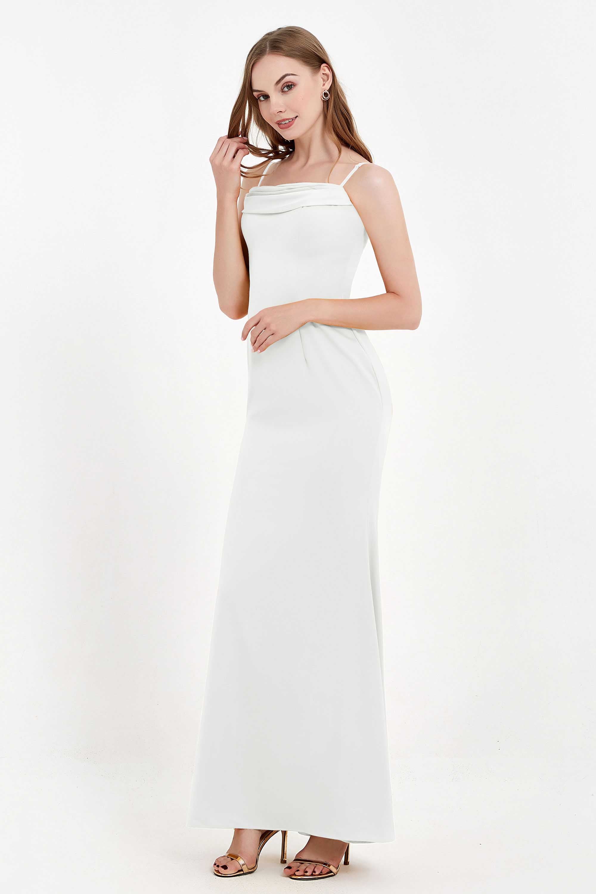 Spaghetti Straps Crepe Sheath Formal Evening Dresses Long Prom Bridesmaid Dress Gowns