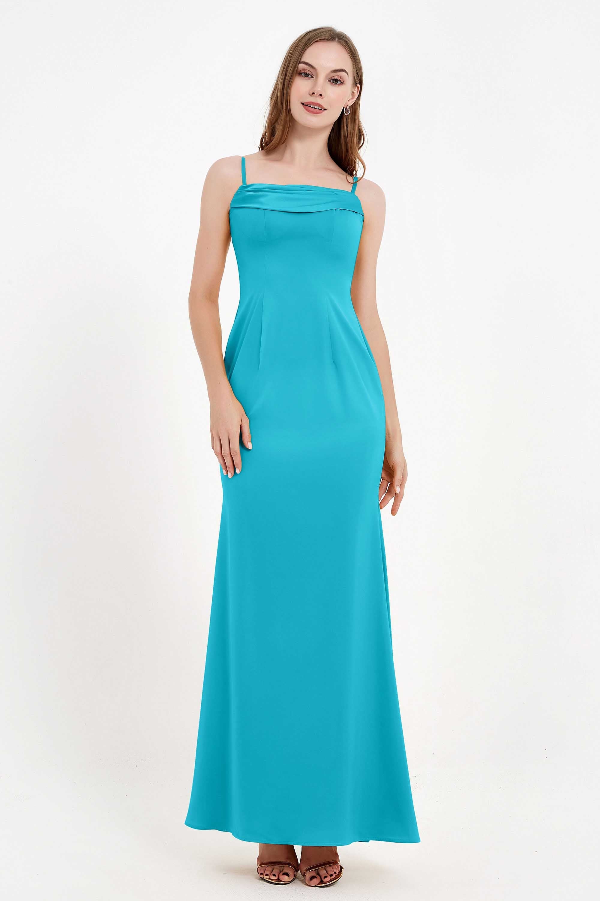 Spaghetti Straps Crepe Sheath Formal Evening Dresses Long Prom Bridesmaid Dress Gowns