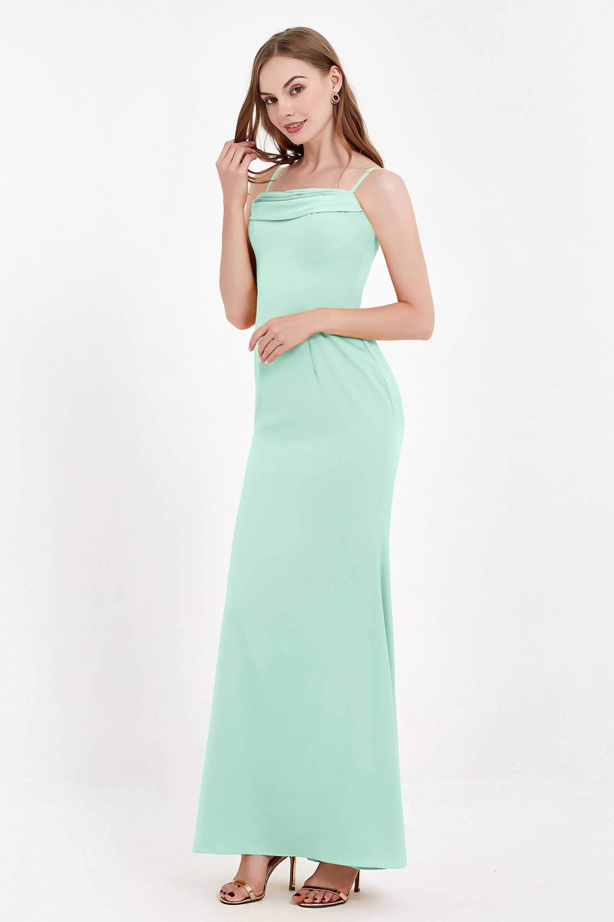 Spaghetti Straps Crepe Sheath Formal Evening Dresses Long Prom Bridesmaid Dress Gowns