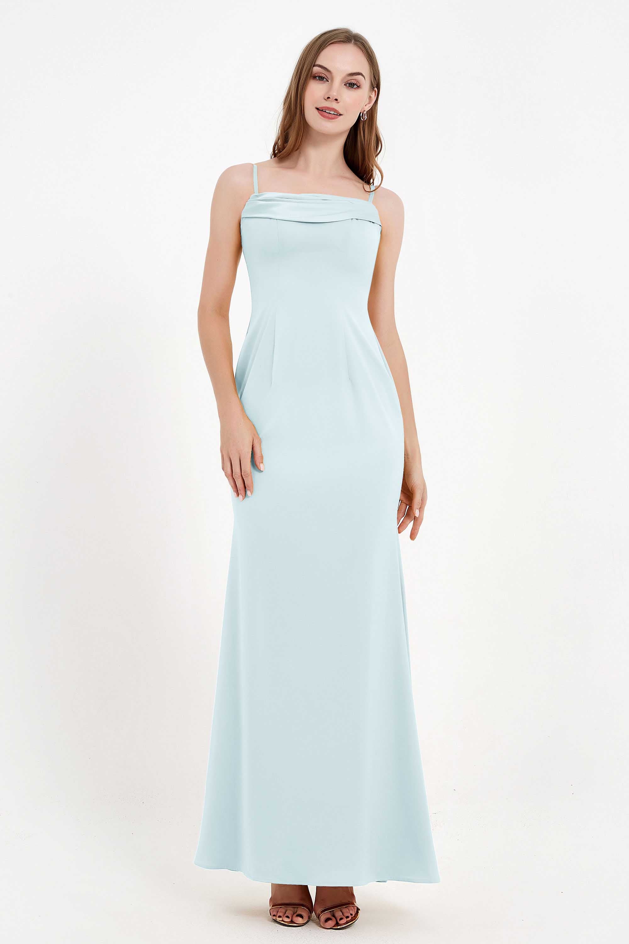 Spaghetti Straps Crepe Sheath Formal Evening Dresses Long Prom Bridesmaid Dress Gowns