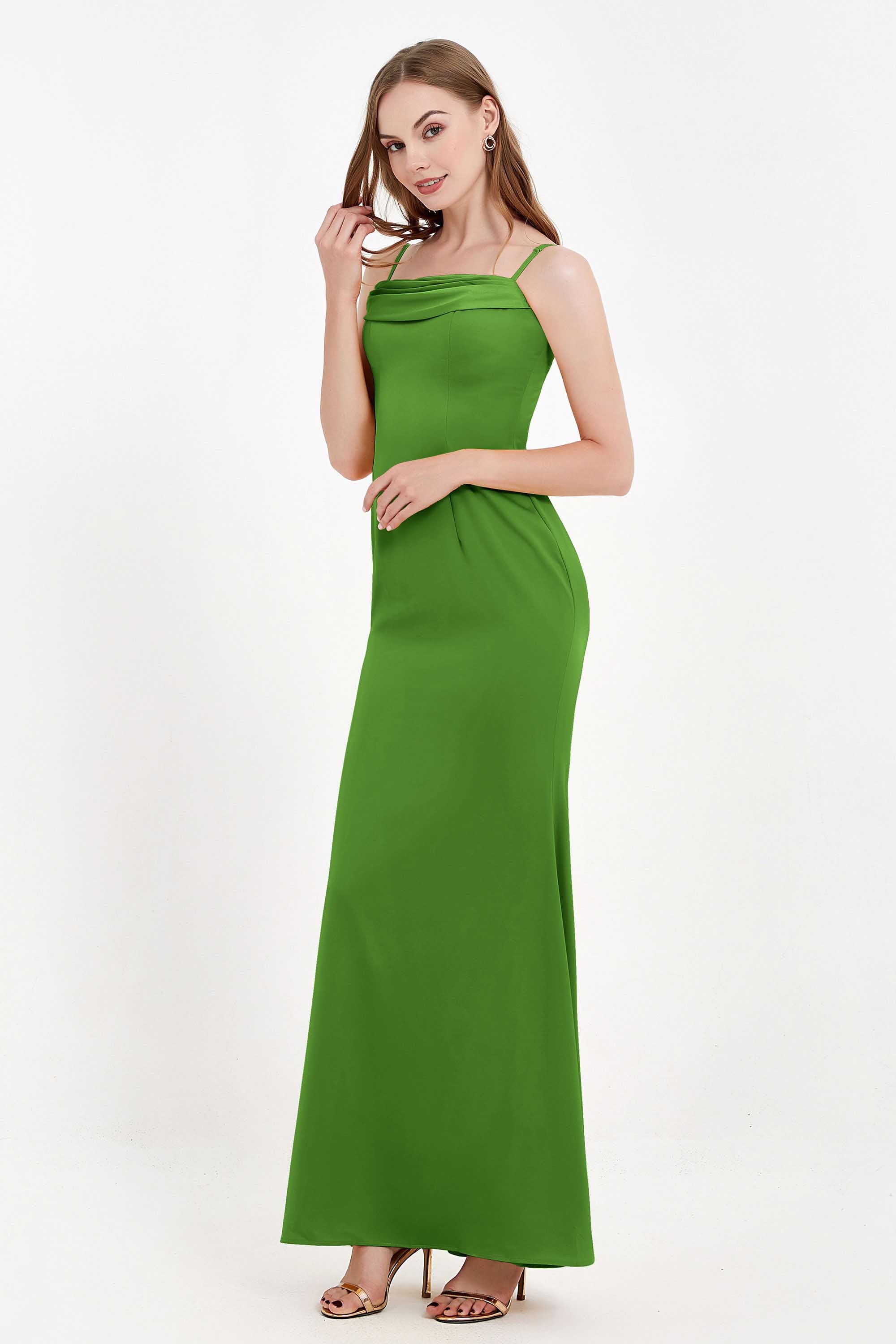Spaghetti Straps Crepe Sheath Formal Evening Dresses Long Prom Bridesmaid Dress Gowns