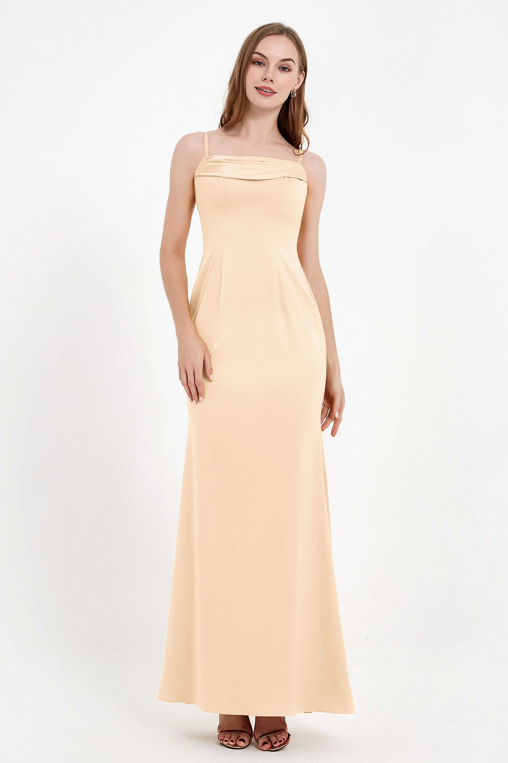Spaghetti Straps Crepe Sheath Formal Evening Dresses Long Prom Bridesmaid Dress Gowns