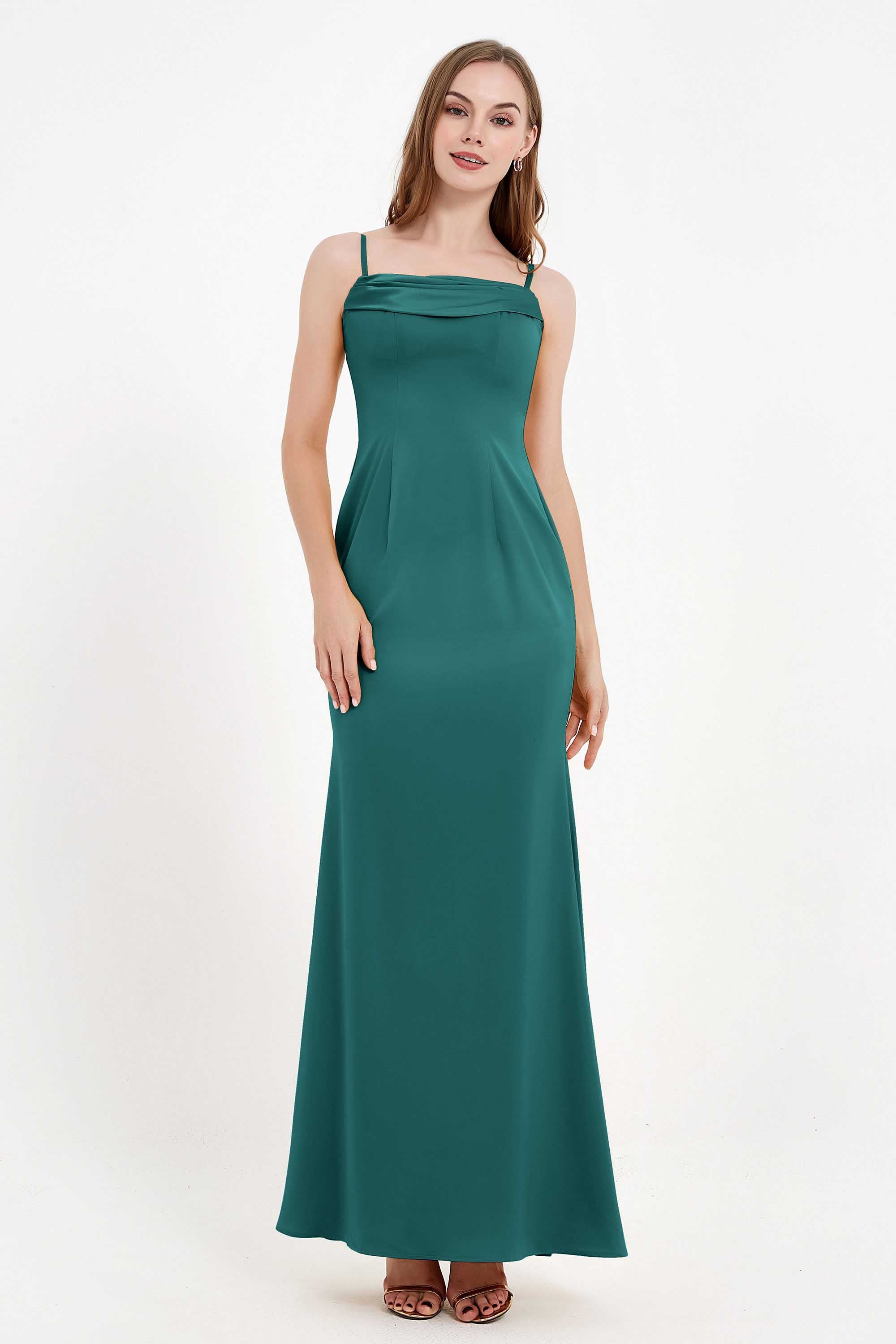 Spaghetti Straps Crepe Sheath Formal Evening Dresses Long Prom Bridesmaid Dress Gowns