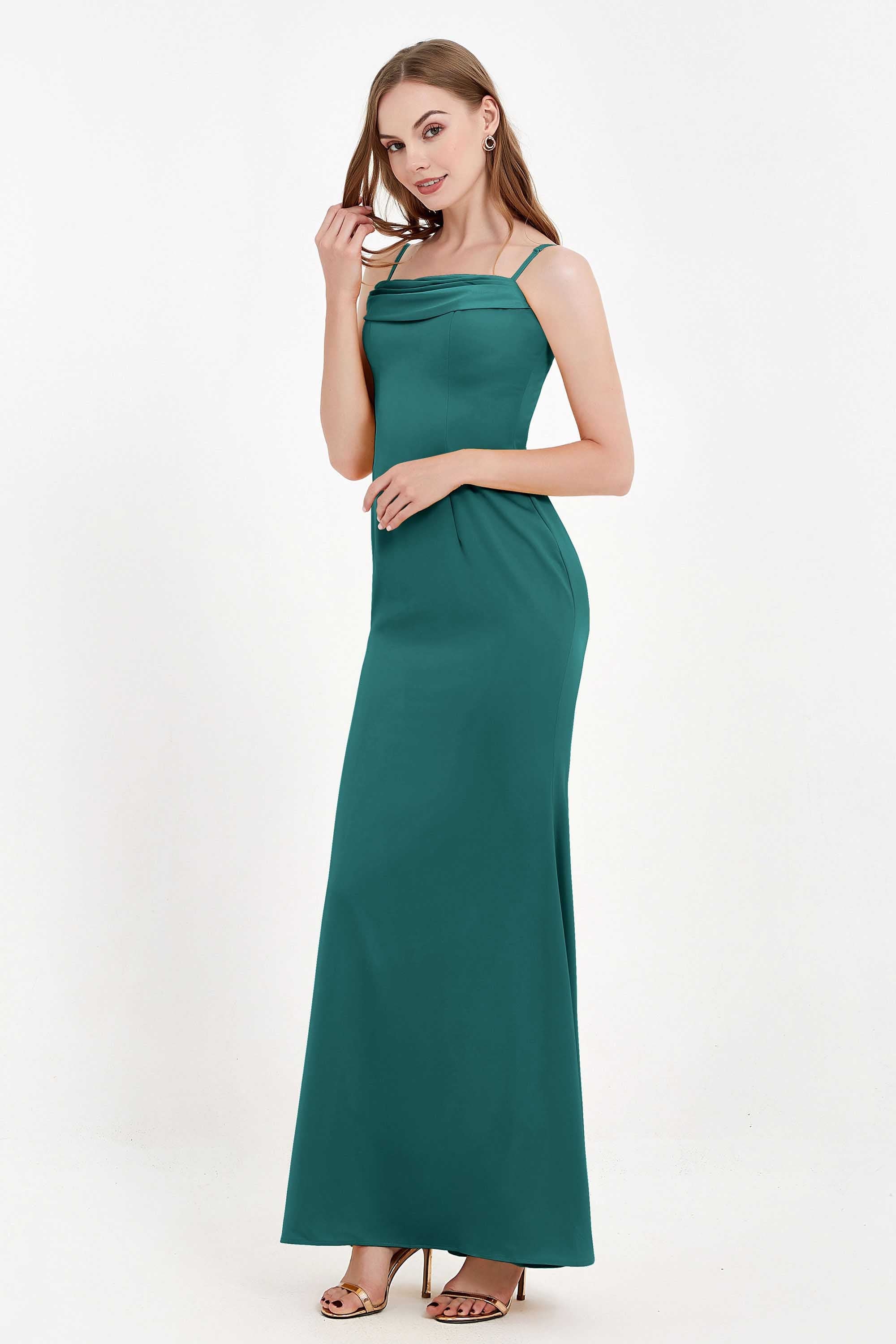 Spaghetti Straps Crepe Sheath Formal Evening Dresses Long Prom Bridesmaid Dress Gowns