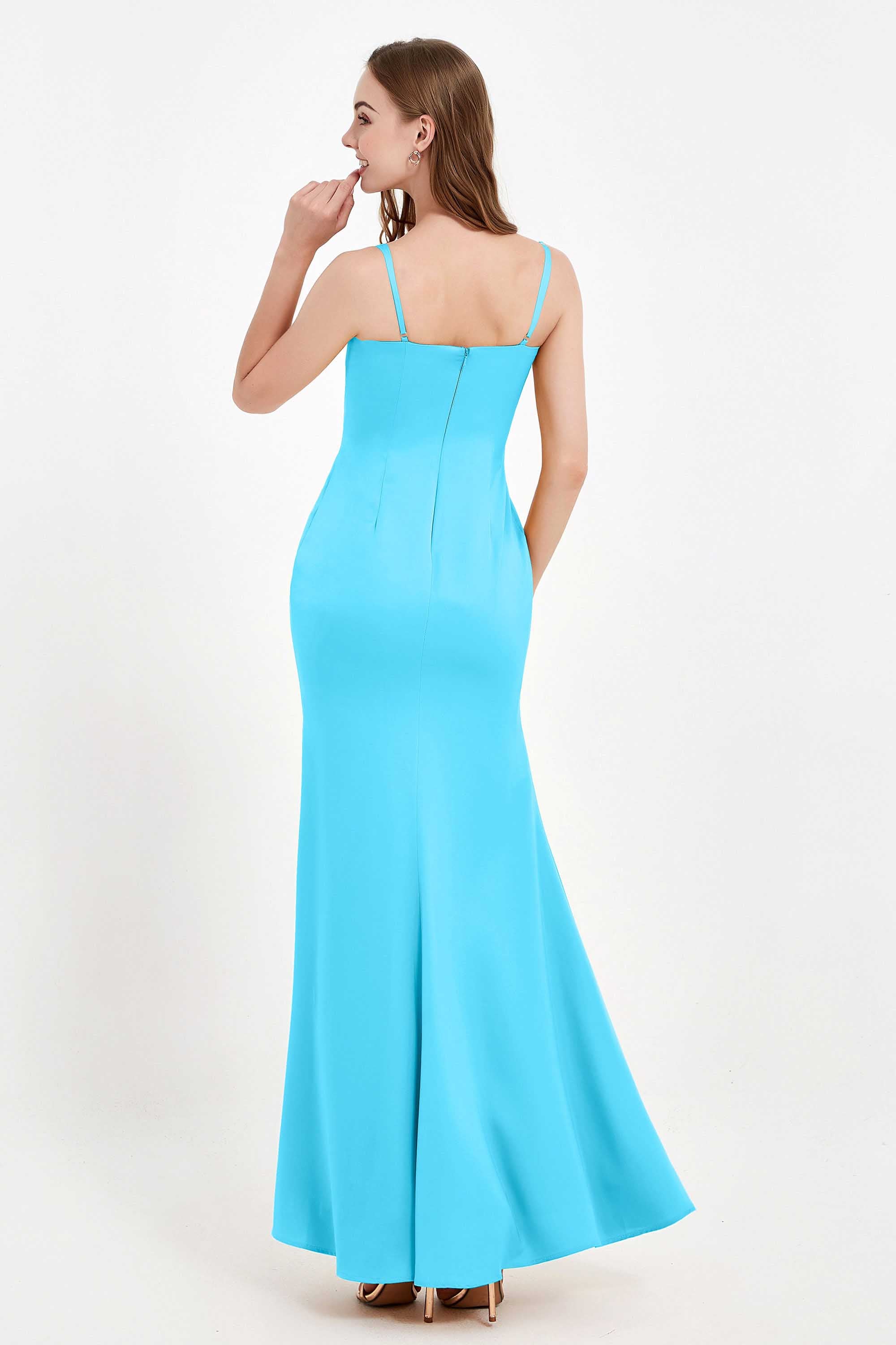 Spaghetti Straps Crepe Sheath Formal Evening Dresses Long Prom Bridesmaid Dress Gowns