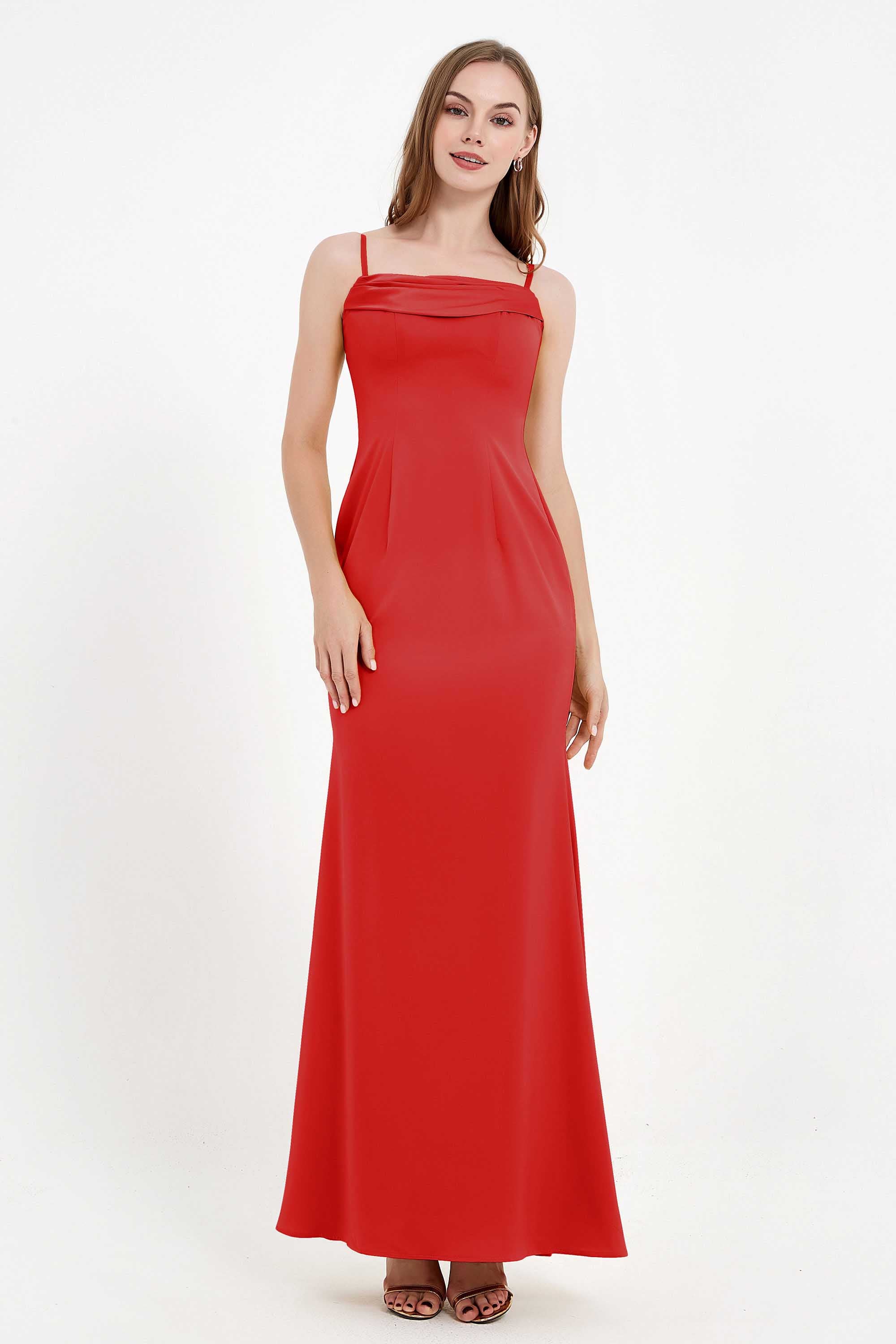 Spaghetti Straps Crepe Sheath Formal Evening Dresses Long Prom Bridesmaid Dress Gowns