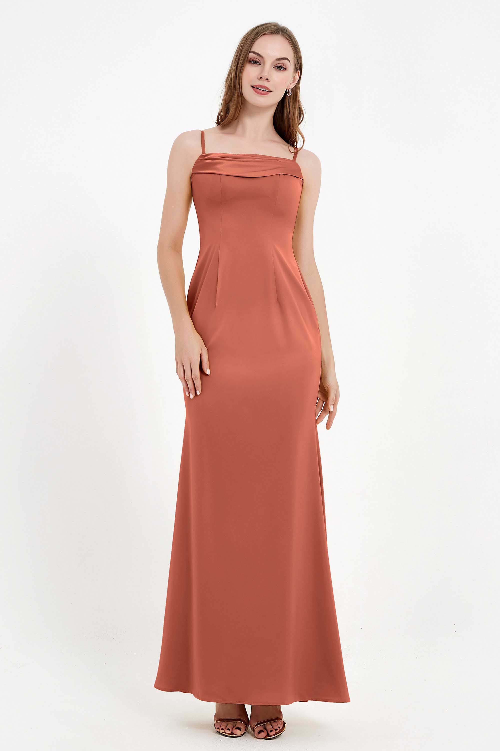 Spaghetti Straps Crepe Sheath Formal Evening Dresses Long Prom Bridesmaid Dress Gowns