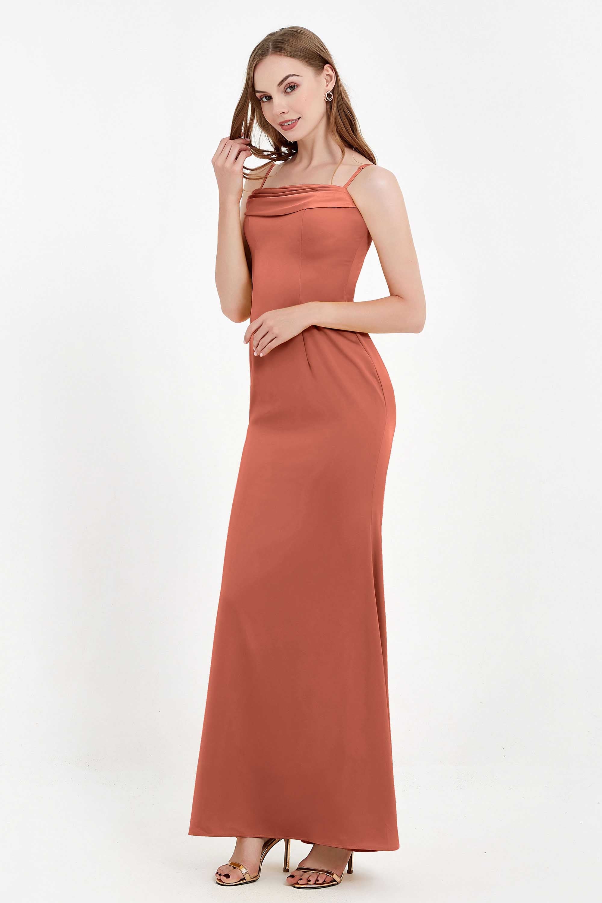 Spaghetti Straps Crepe Sheath Formal Evening Dresses Long Prom Bridesmaid Dress Gowns