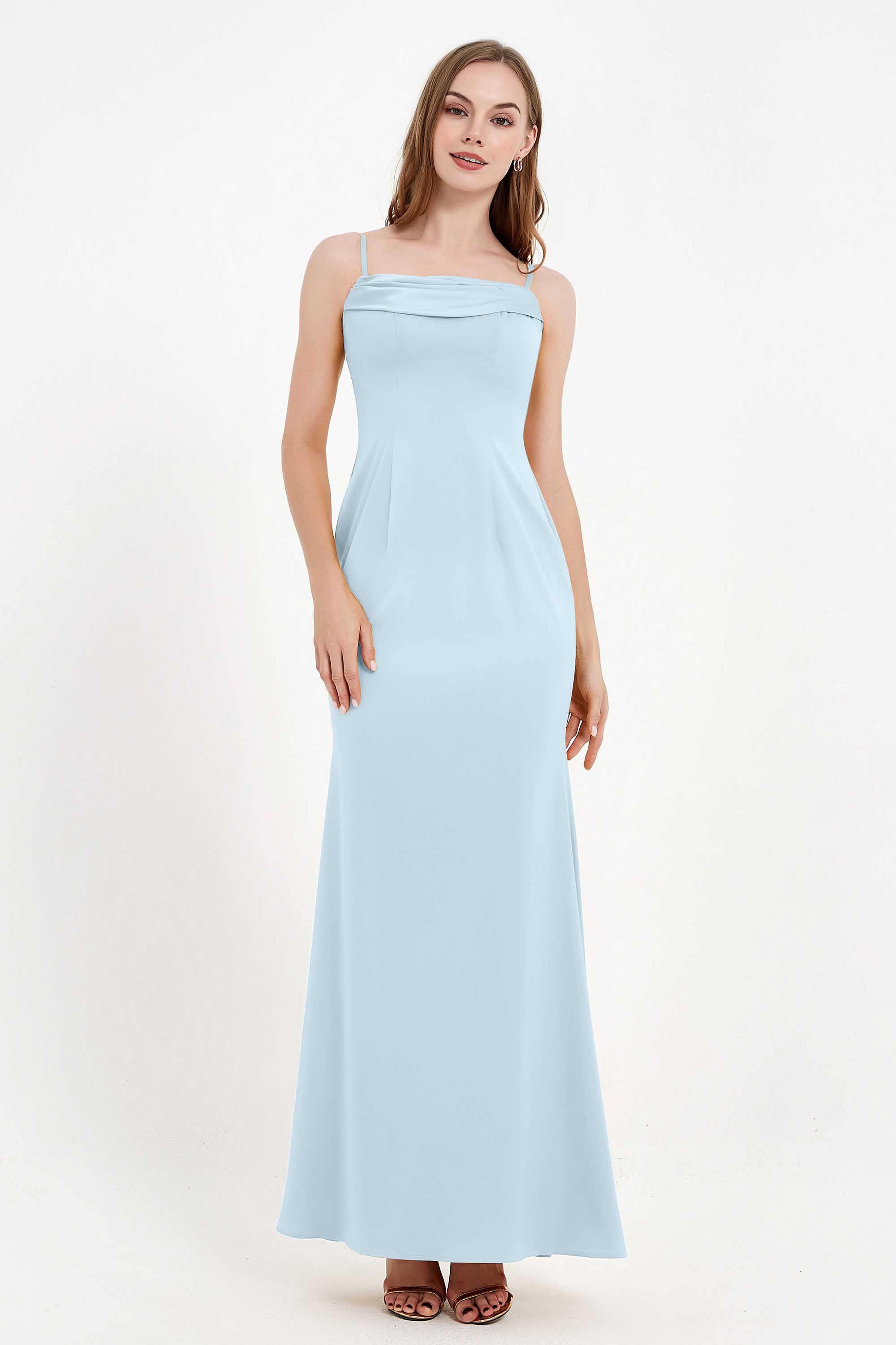 Spaghetti Straps Crepe Sheath Formal Evening Dresses Long Prom Bridesmaid Dress Gowns