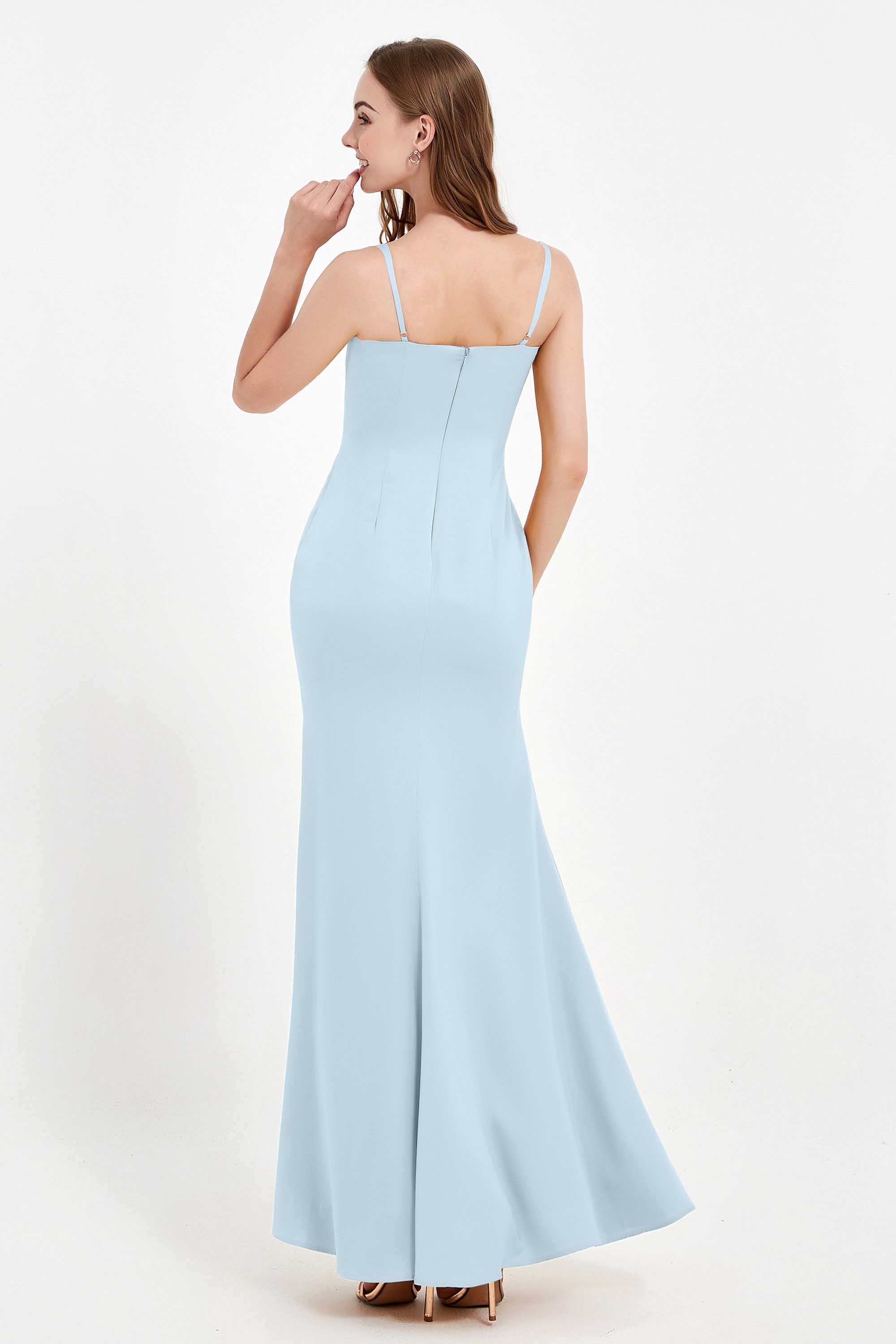 Spaghetti Straps Crepe Sheath Formal Evening Dresses Long Prom Bridesmaid Dress Gowns