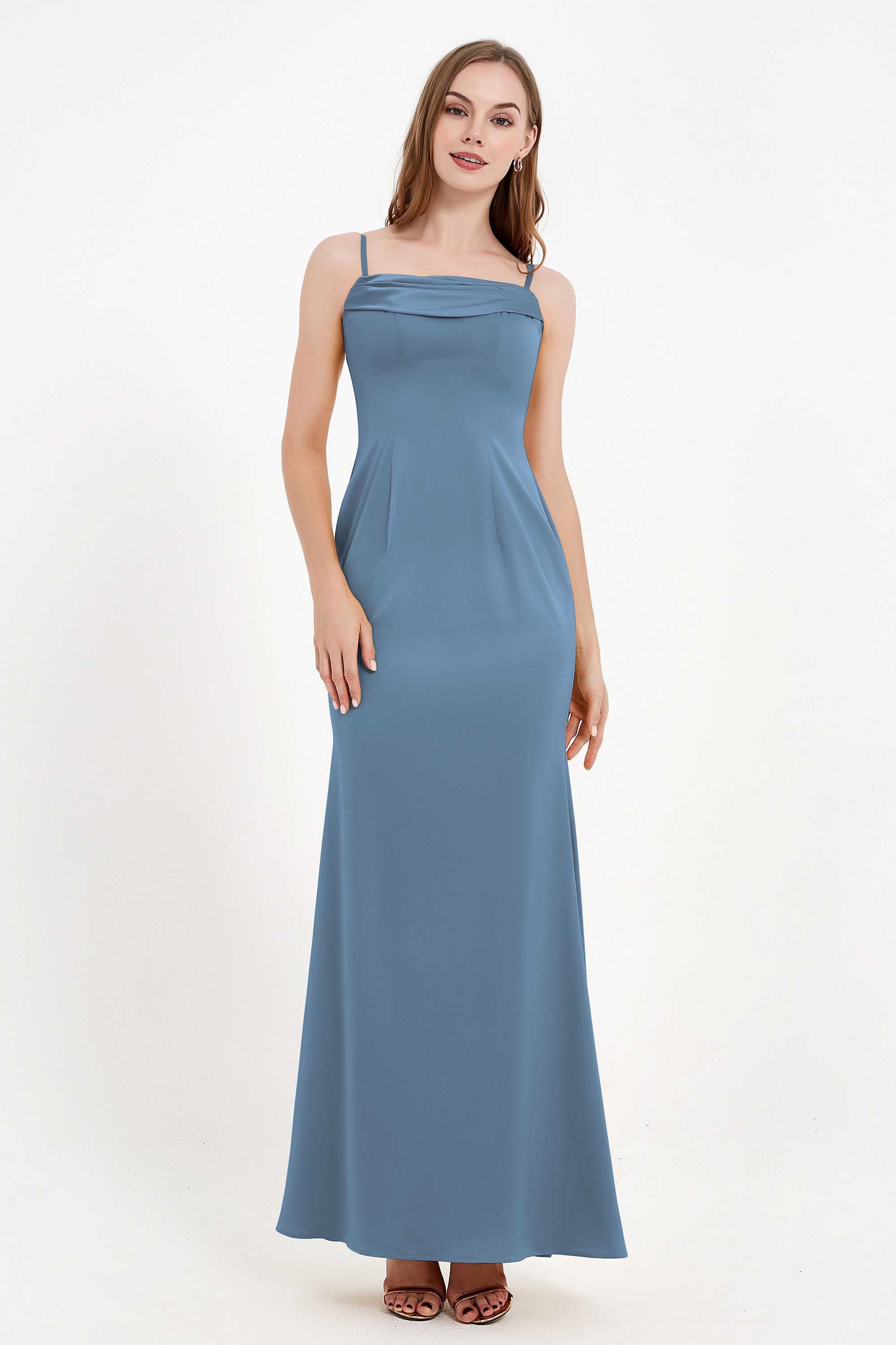 Spaghetti Straps Crepe Sheath Formal Evening Dresses Long Prom Bridesmaid Dress Gowns