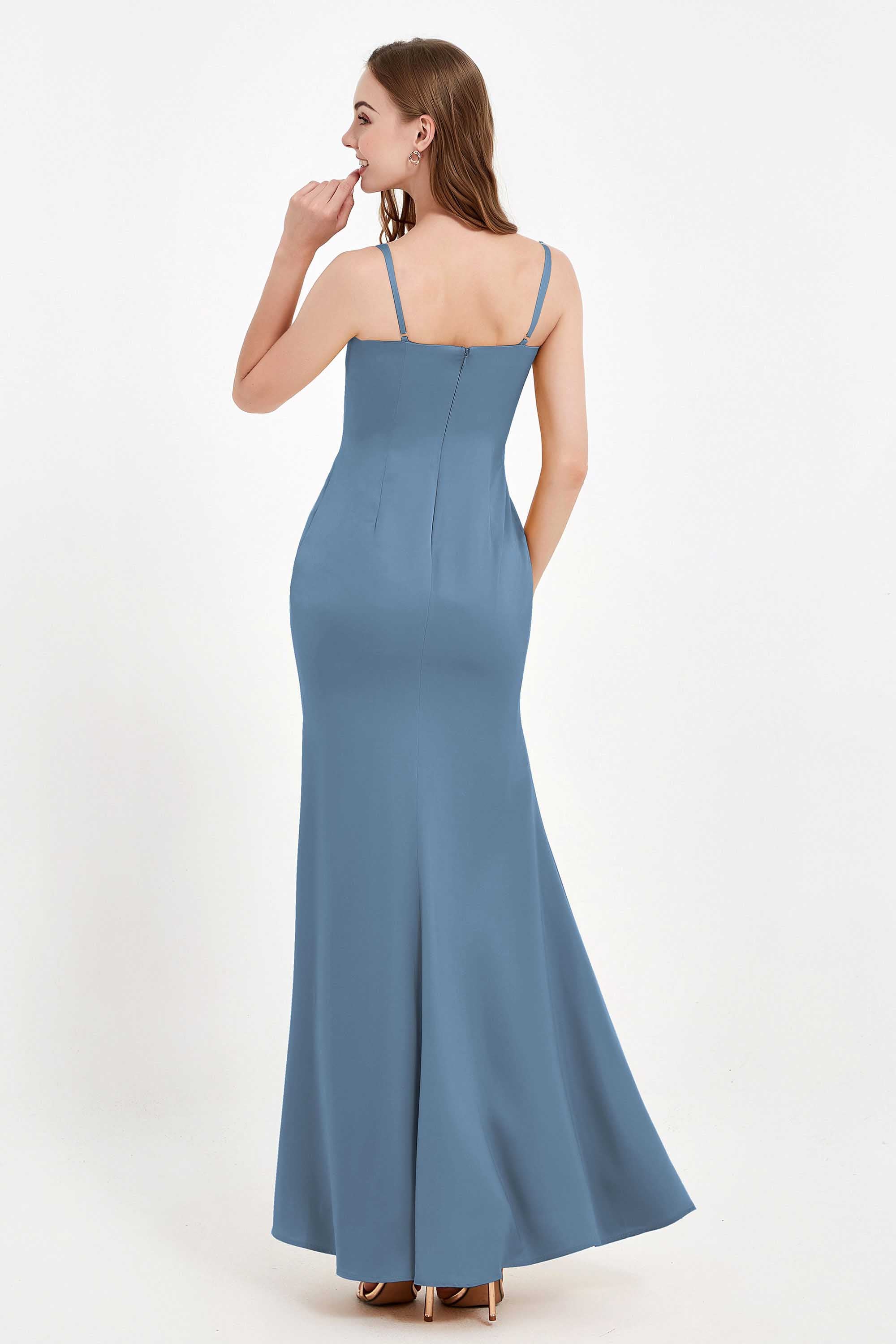 Spaghetti Straps Crepe Sheath Formal Evening Dresses Long Prom Bridesmaid Dress Gowns