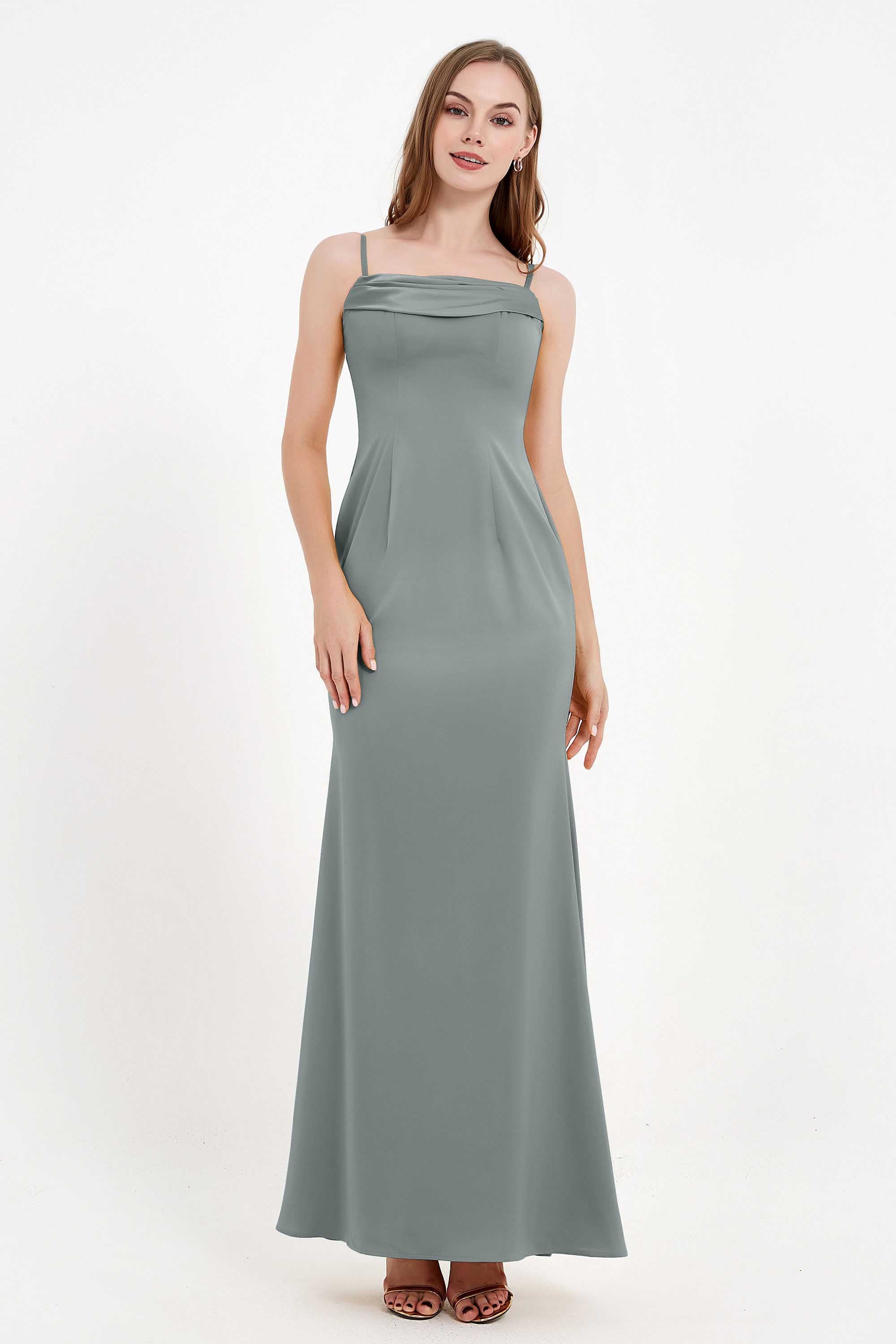 Spaghetti Straps Crepe Sheath Formal Evening Dresses Long Prom Bridesmaid Dress Gowns