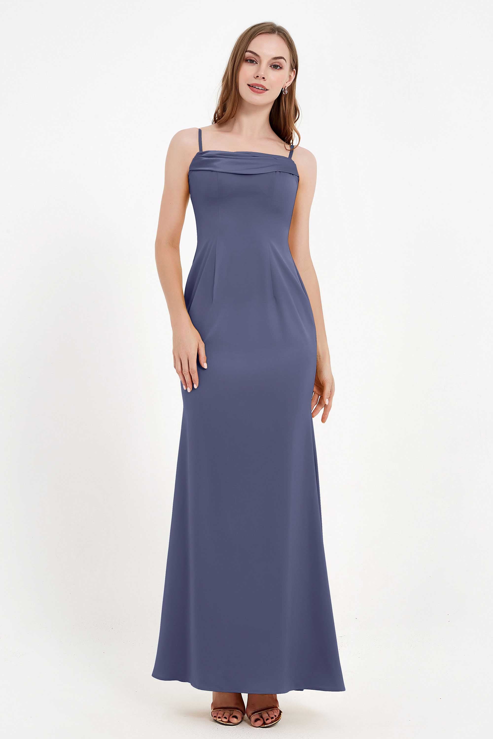 Spaghetti Straps Crepe Sheath Formal Evening Dresses Long Prom Bridesmaid Dress Gowns