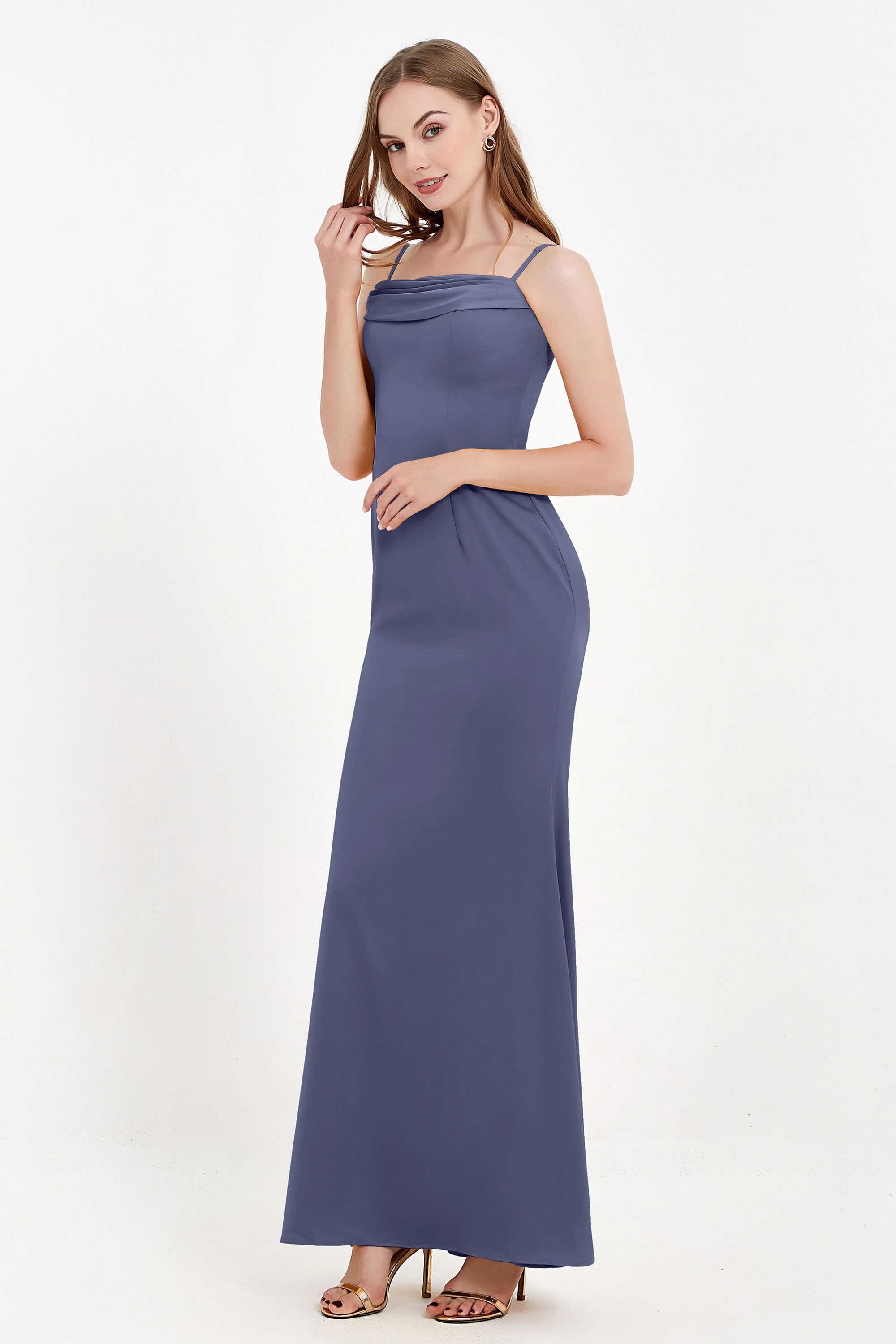 Spaghetti Straps Crepe Sheath Formal Evening Dresses Long Prom Bridesmaid Dress Gowns