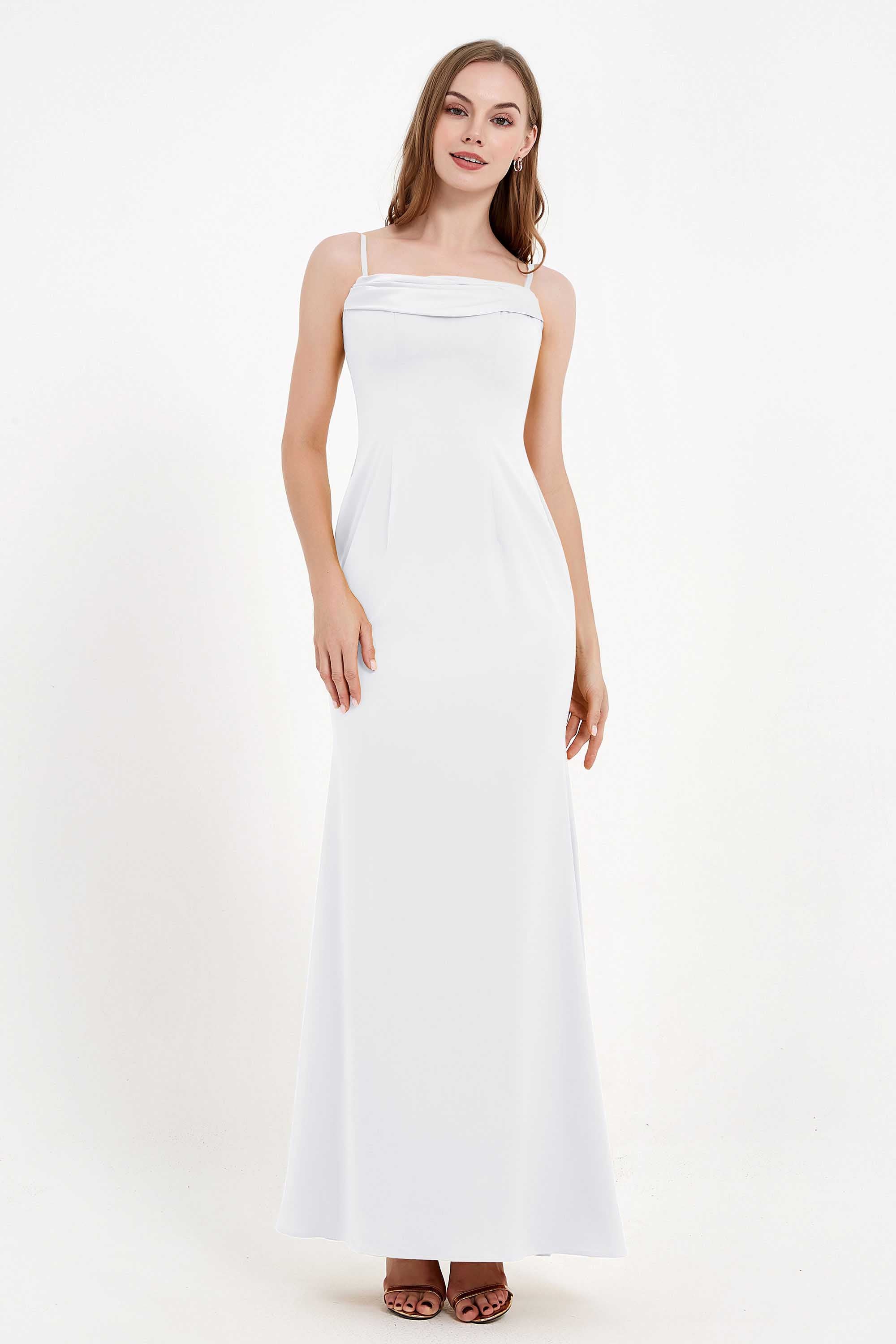 Spaghetti Straps Crepe Sheath Formal Evening Dresses Long Prom Bridesmaid Dress Gowns