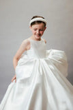 Elfenbeinfarbenes Mikado-Hochzeitsblumenmädchenkleid, rückenfrei, offener Rücken, Couture-Kinderkleid, Prinzessinnen-Geburtstagspartykleid mit Schleppe/Schleife/Tasche 