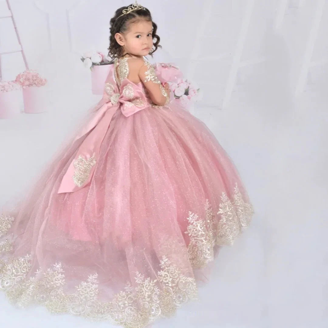 Apliques florales de oro rosa con lazo, manga larga para bodas, fiestas de cumpleaños, comunión, vestidos de niña de las flores personalizados 