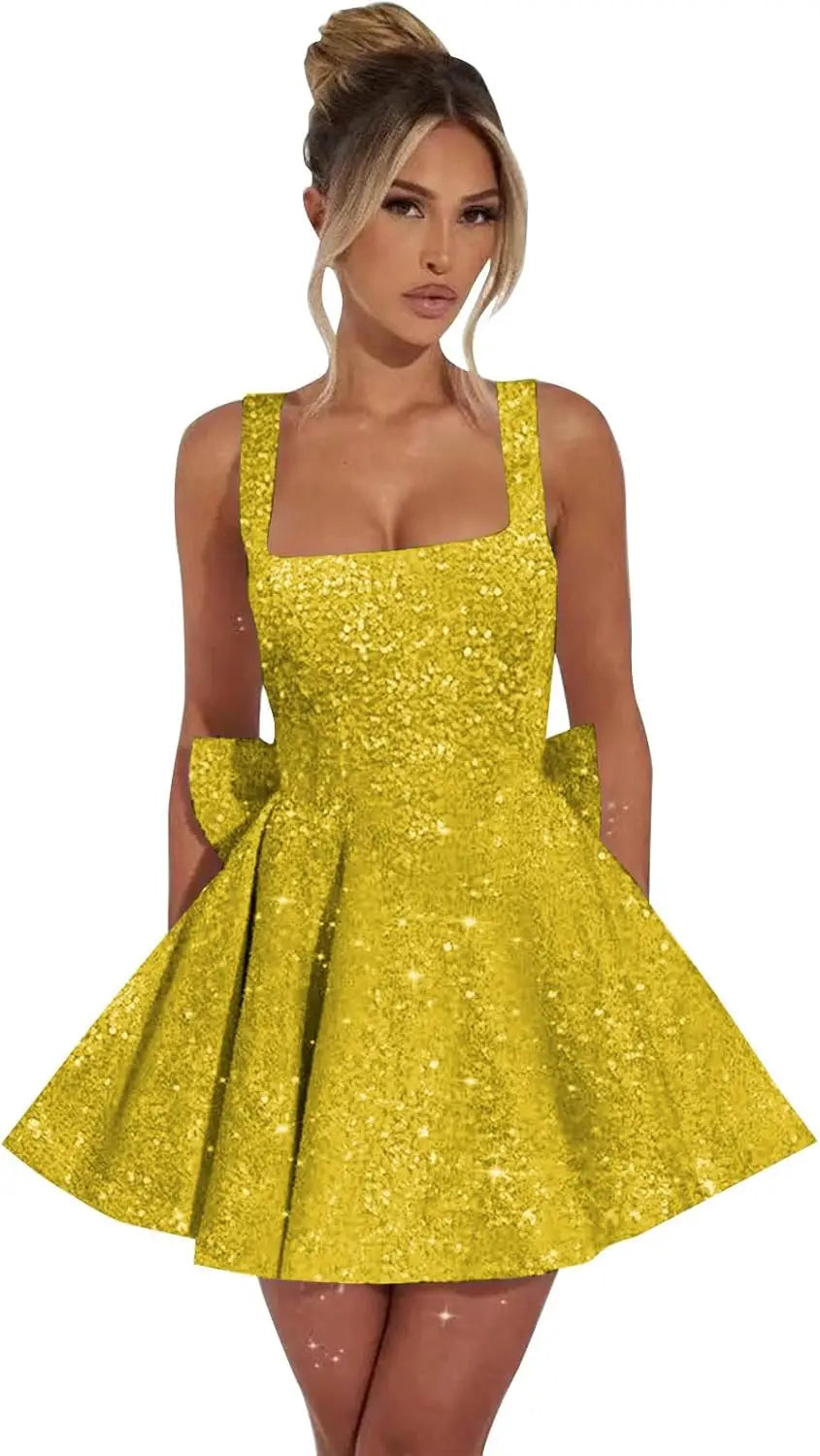 Vestidos de fiesta de graduación con lentejuelas brillantes para adolescentes, con lazo, cortos y abullonados.