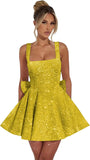 Vestidos de fiesta de graduación con lentejuelas brillantes para adolescentes, con lazo, cortos y abullonados.
