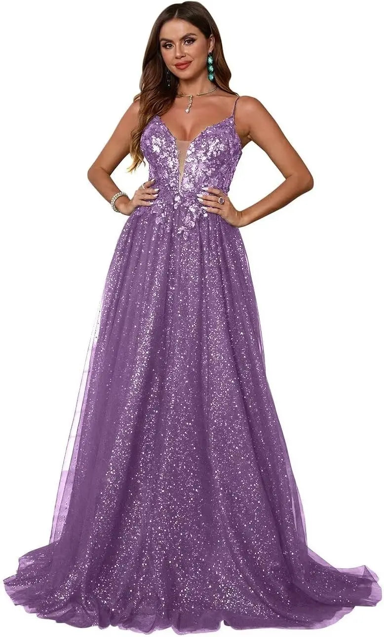 Glitzerndes Tüll-Ballkleid für Damen, Spaghettiträger, tiefer V-Ausschnitt, Spitzenapplikationen, Ballkleid, langes A-Linien-Abendkleid 